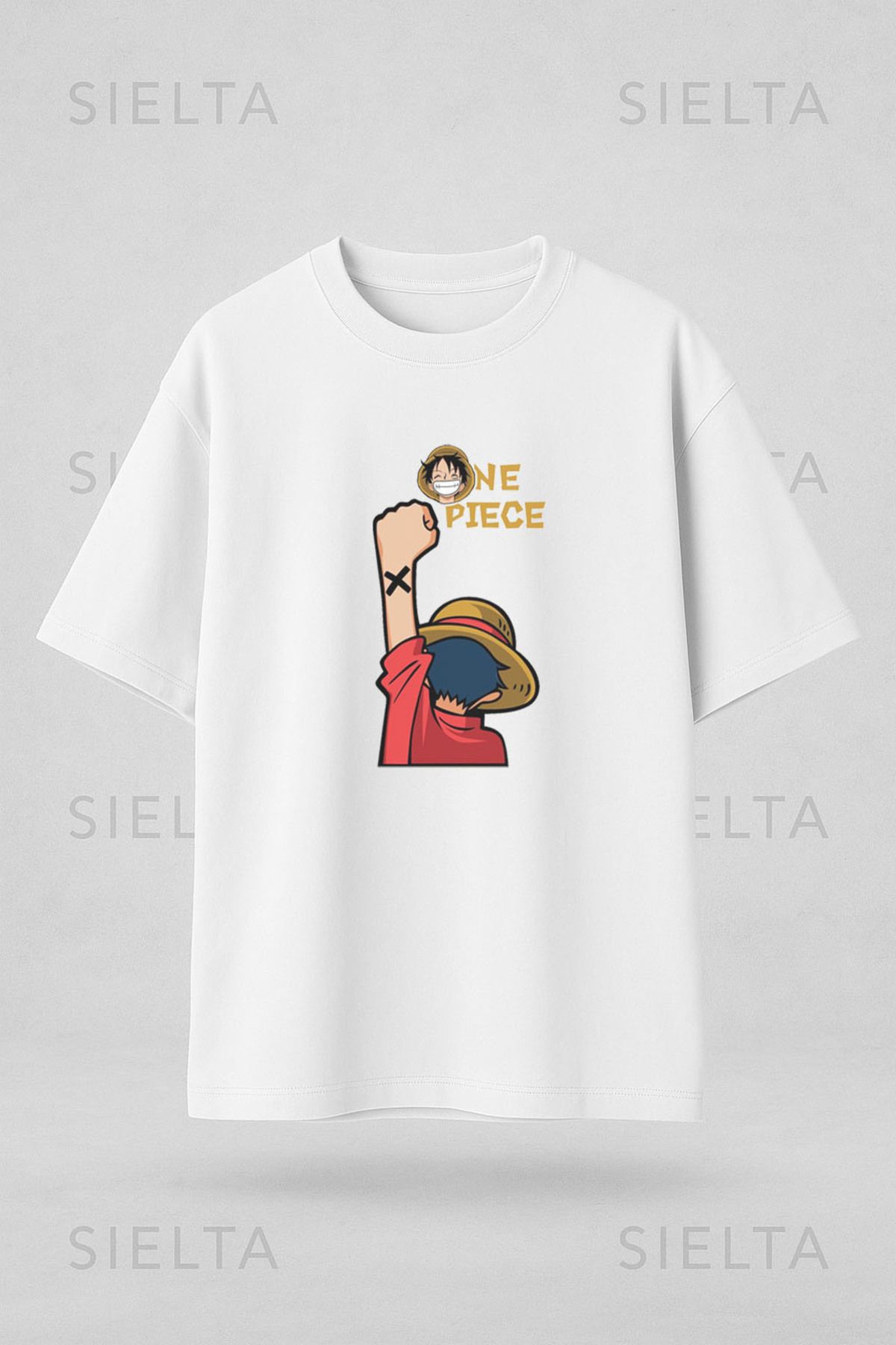 sielta Anime One Piece Monkey D. Luffy Baskılı Bisiklet Yaka Oversize Beyaz Tişört T-shirt