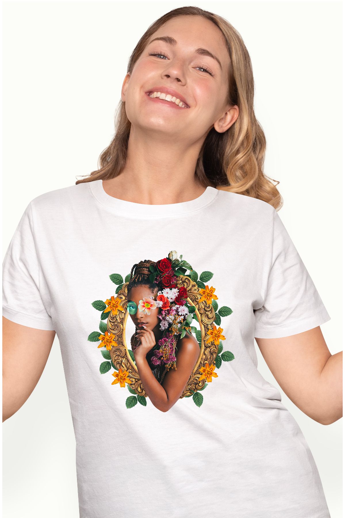 StoryGift Romania Tricou Femei Cu Rama, Portret, Femeie, Flori, Ochelari De Soare, Abstract, Multi Wht_l Femeie - S