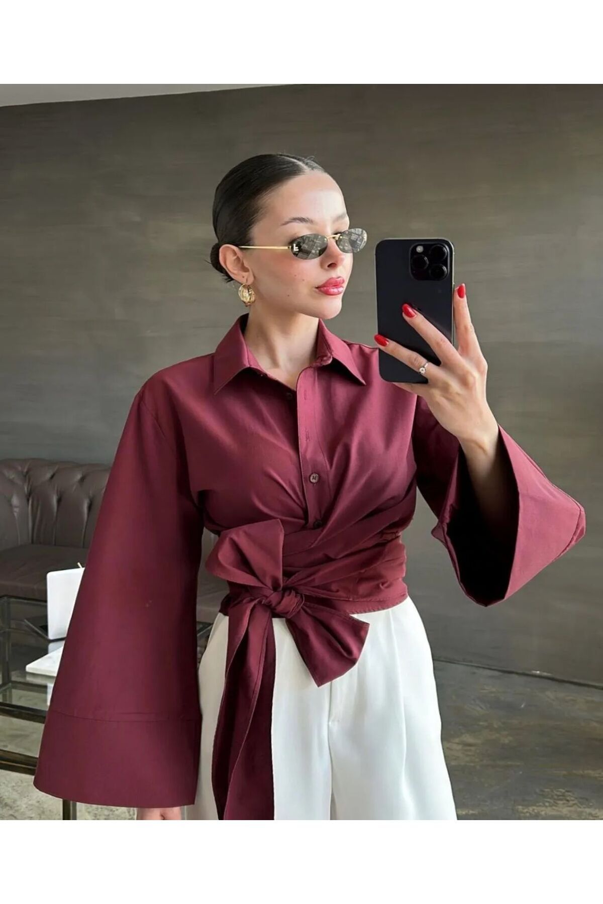 maf collection Kadın Bordo Düğmeli Ve Kuşaklı Kolu Geniş Açılan Belden Bağlamalı Gömlek