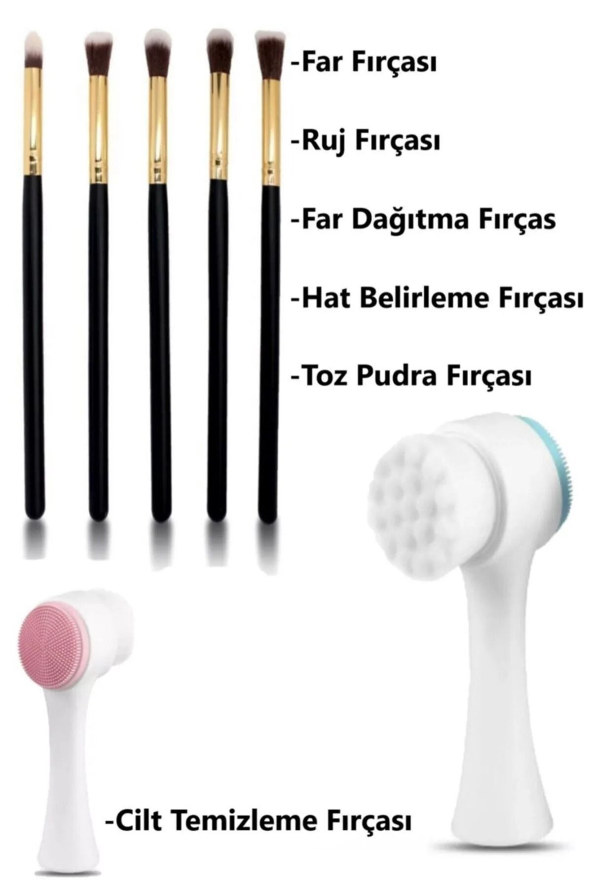 Qulaccia Professional Çift Taraflı Cilt Temizleme Fırçası & 5'li Far Fırça Seti