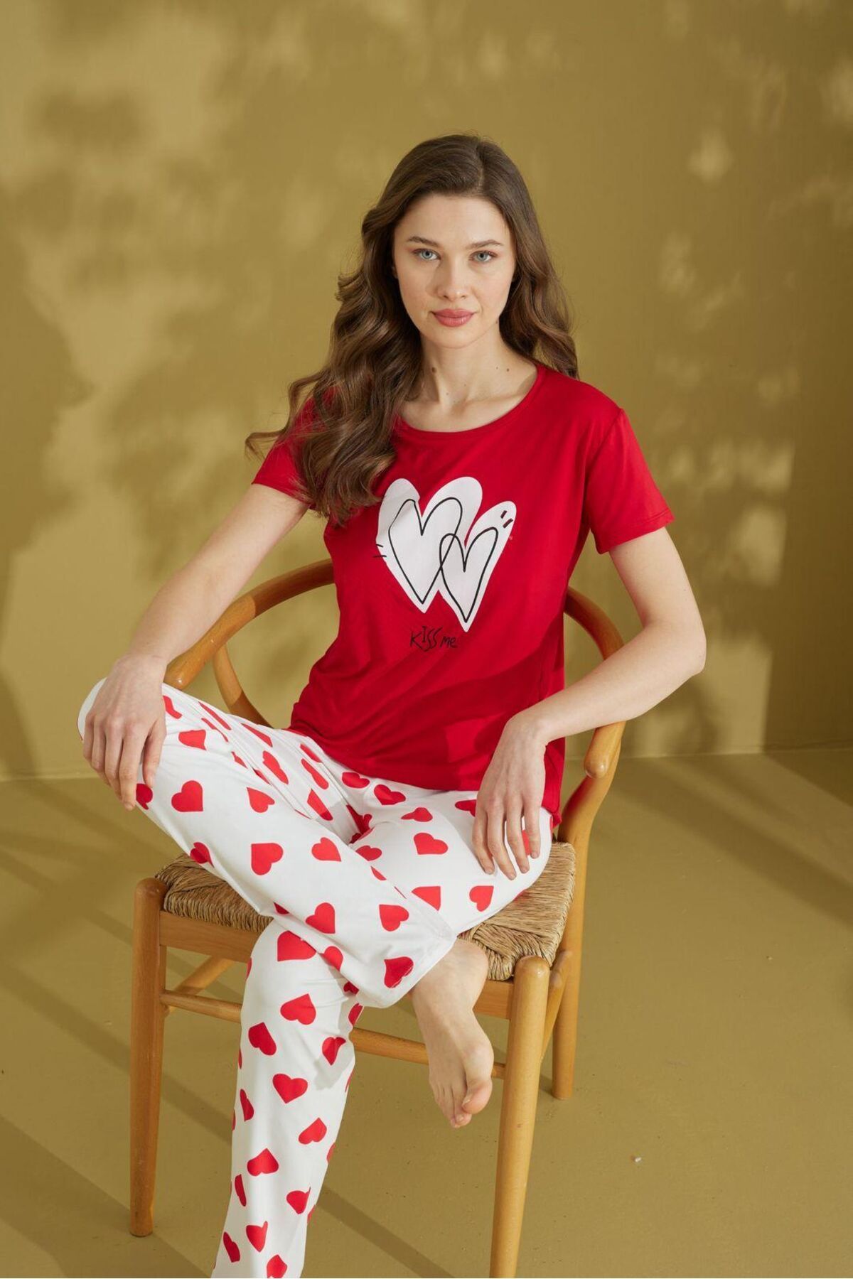 seamlife Kadın %100 Pamuklu Kırmızı Kalp Desenli Kısa Kollu Altı Uzun Pijama Takımı