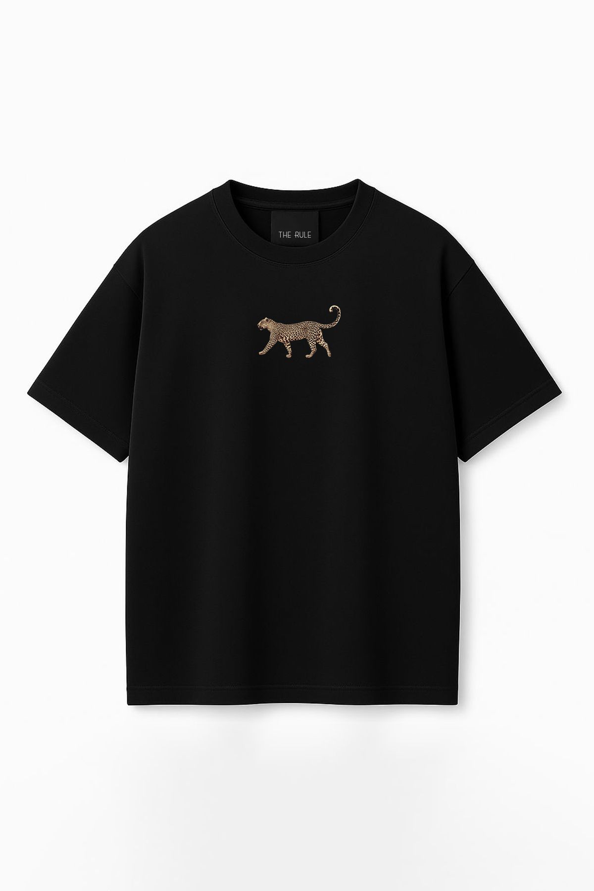 THE RULE Kadın Leopar Baskılı Oversize %100 Pamuk Geniş Kesim Yumuşak Dokulu Bisiklet Yaka T-Shirt RF0515