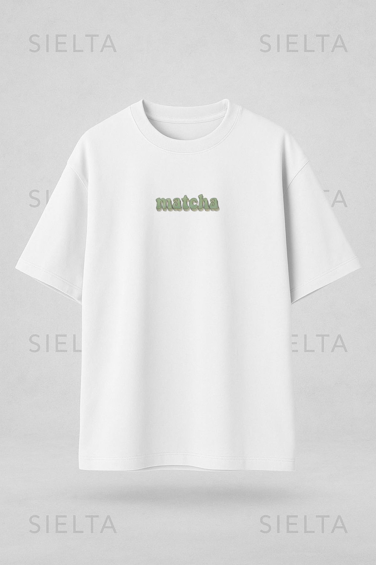 sielta Maça Matcha Çayı Baskılı Bisiklet Yaka Oversize Beyaz Tişört T-shirt