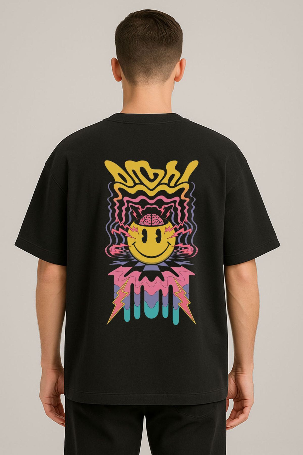 sielta Renkli Gülen Yüz Smile Baskılı Bisiklet Yaka Oversize Siyah Tişört T-shirt