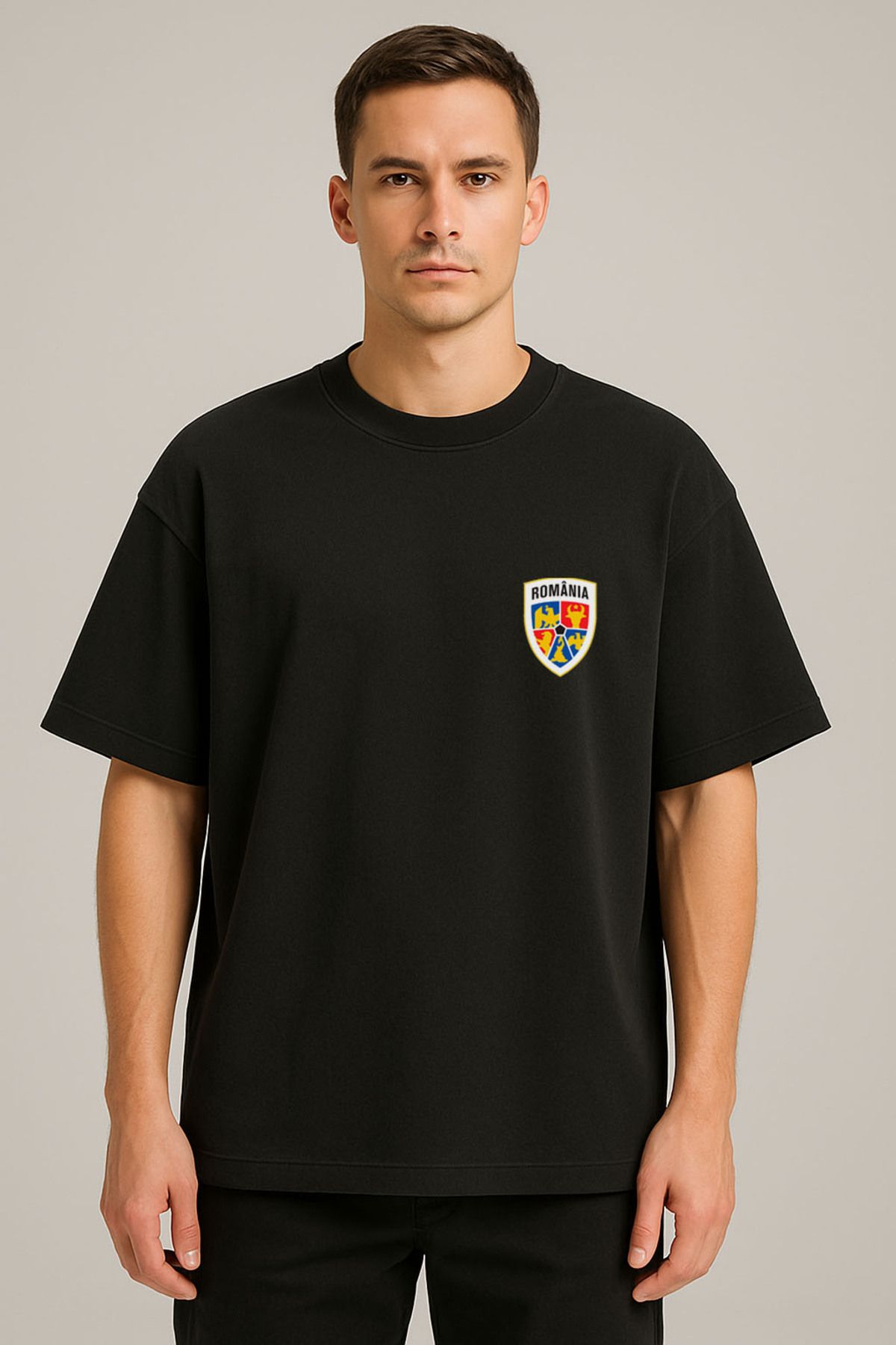 sielta Romania Romanya Echipa De Fotbal Baskılı Bisiklet Yaka Oversize Siyah Tişört T-shirt