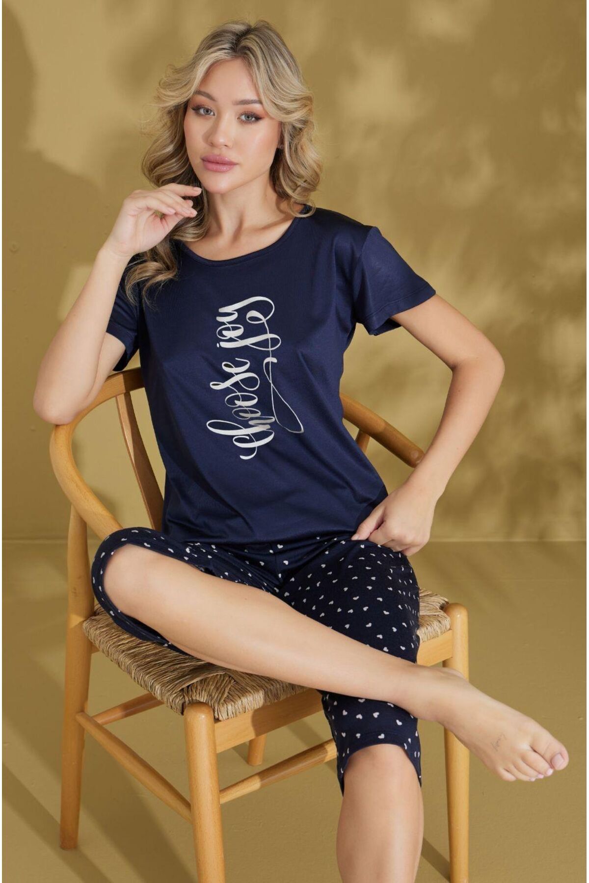 ÇağrıHome Kadın %100 Pamuklu Lacivert Kalp Desenli Kısa Kollu Kaprili Pijama Takımı