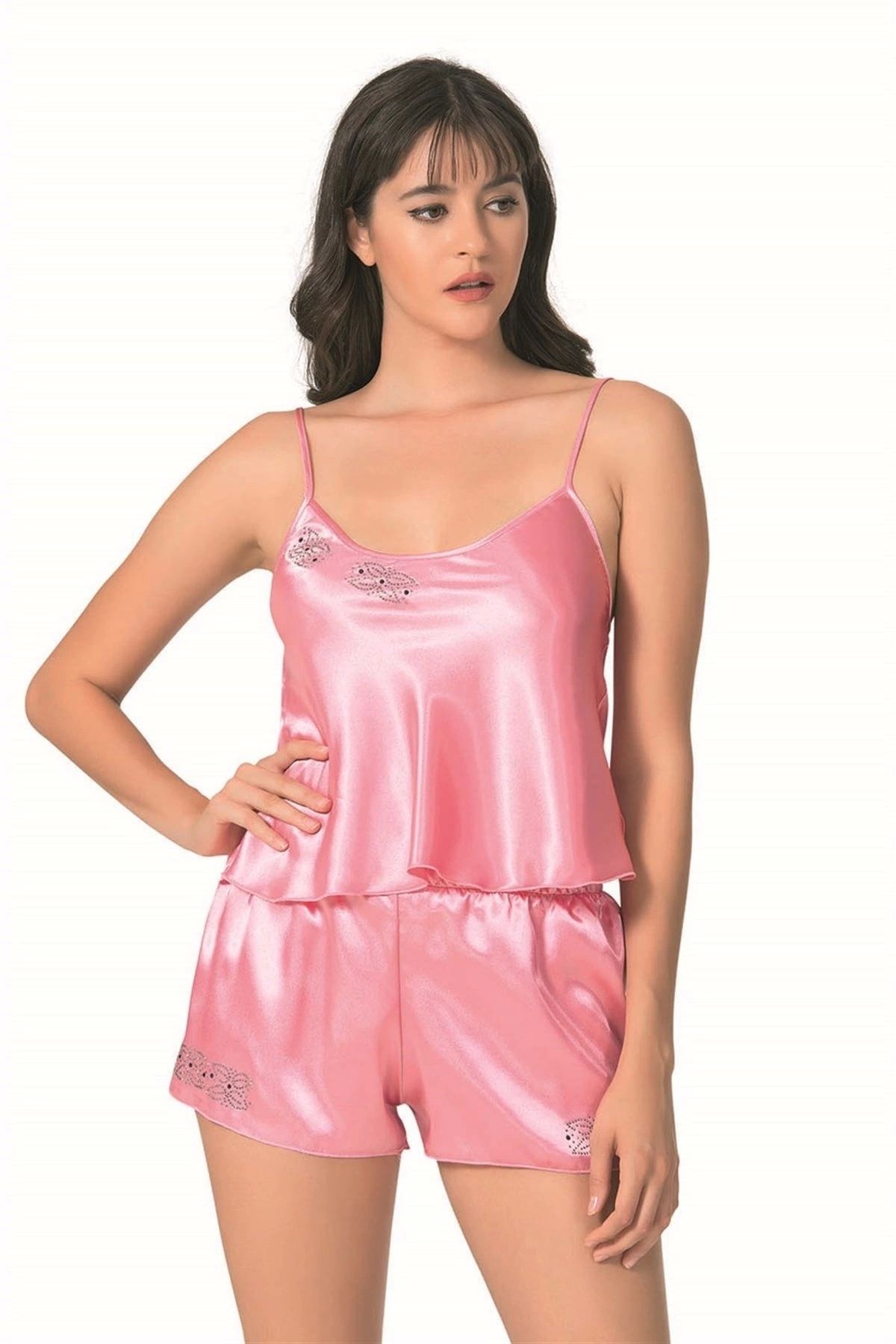 GiyimCity Koyu Pembe Saten Babydoll Şort Takımı