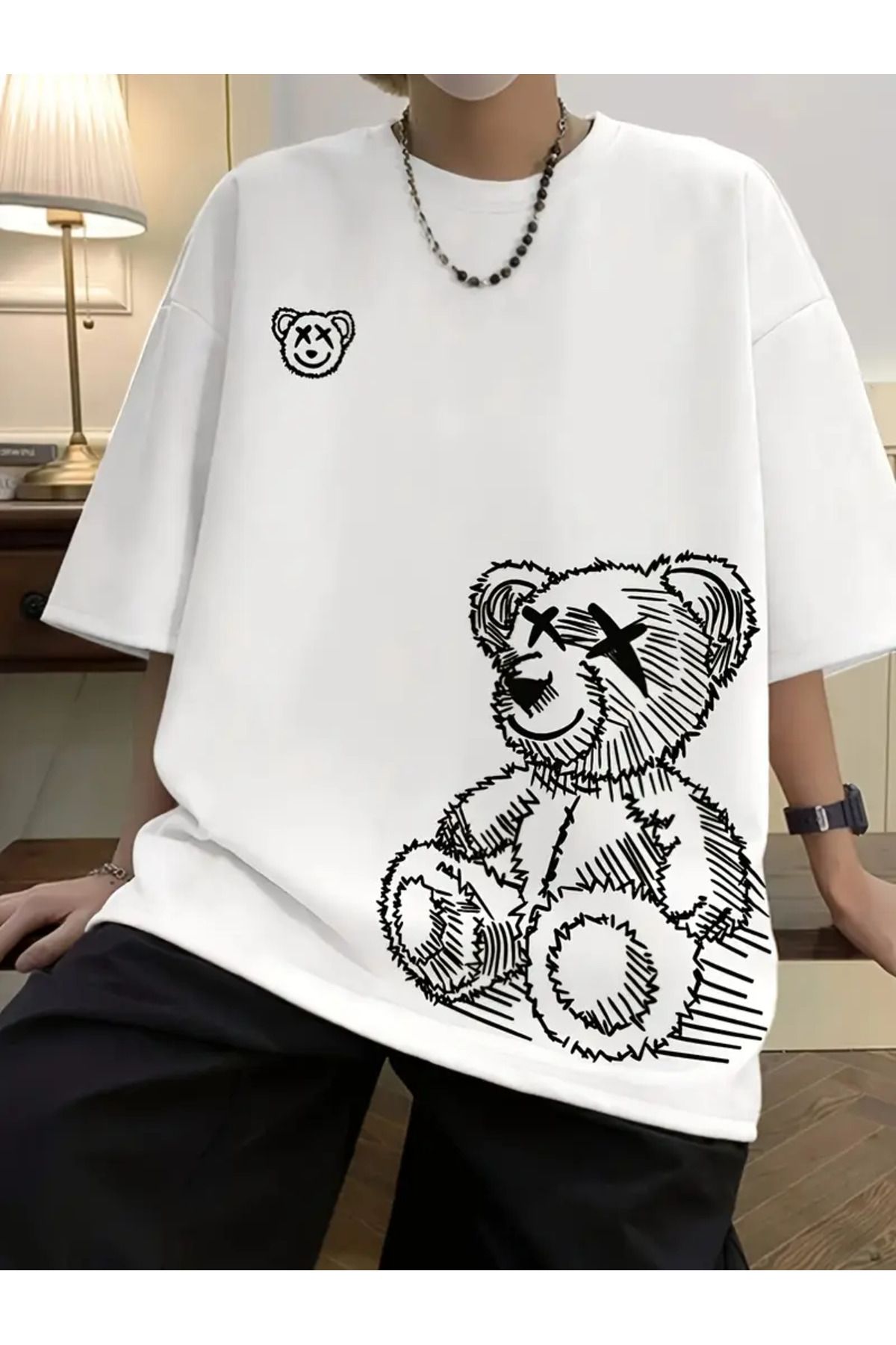 LAND MODA Kadınlar İçin Casual Tişört, Karikatür Ayı Baskısı, Mürettebat Yaka, Kısa Kollu, Örgü Kumaş,