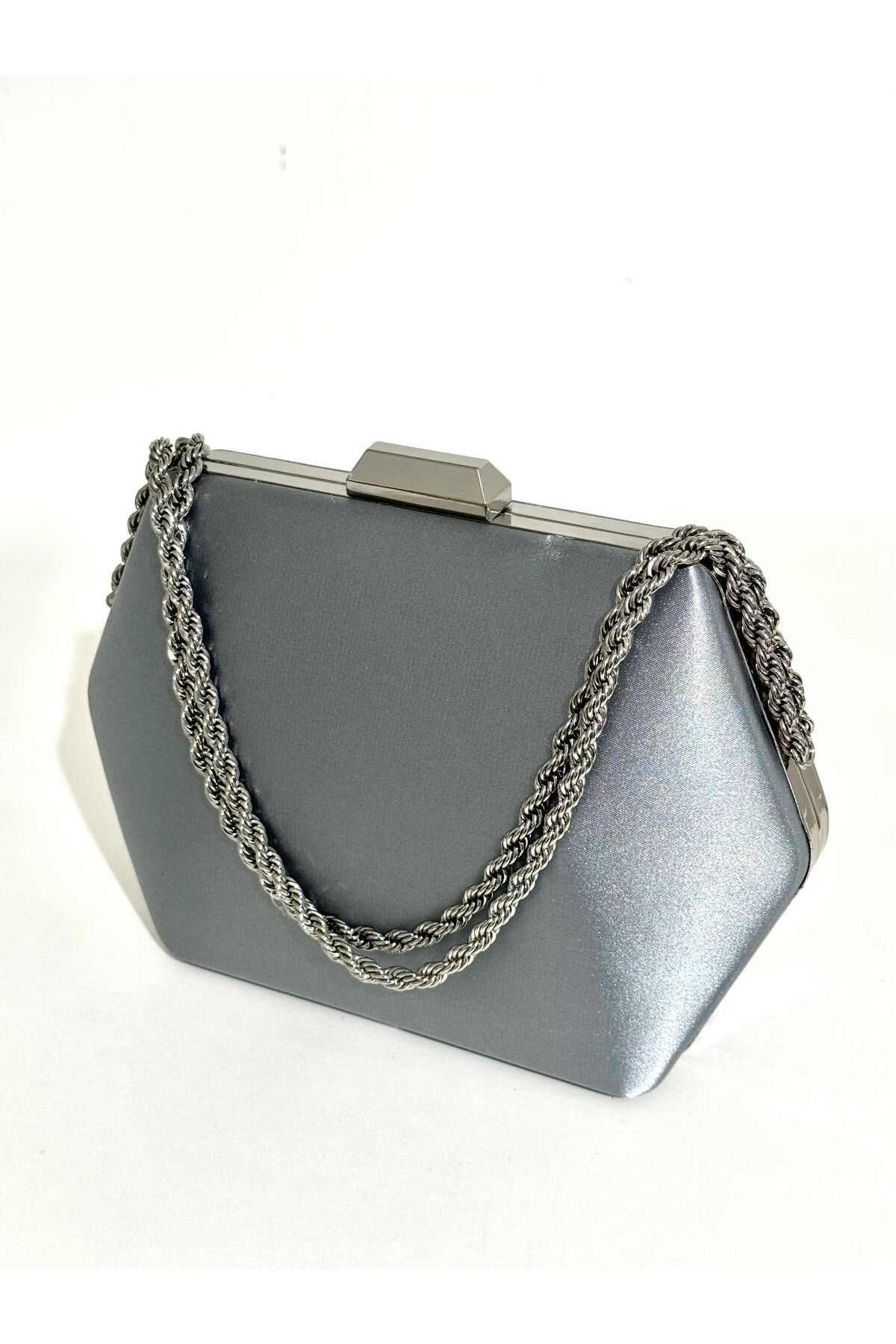 NAZART Kadın Saten Platin Füme Abiye Clutch Zincir Askılı El Düğün Nişan Gece Omuz Çantası