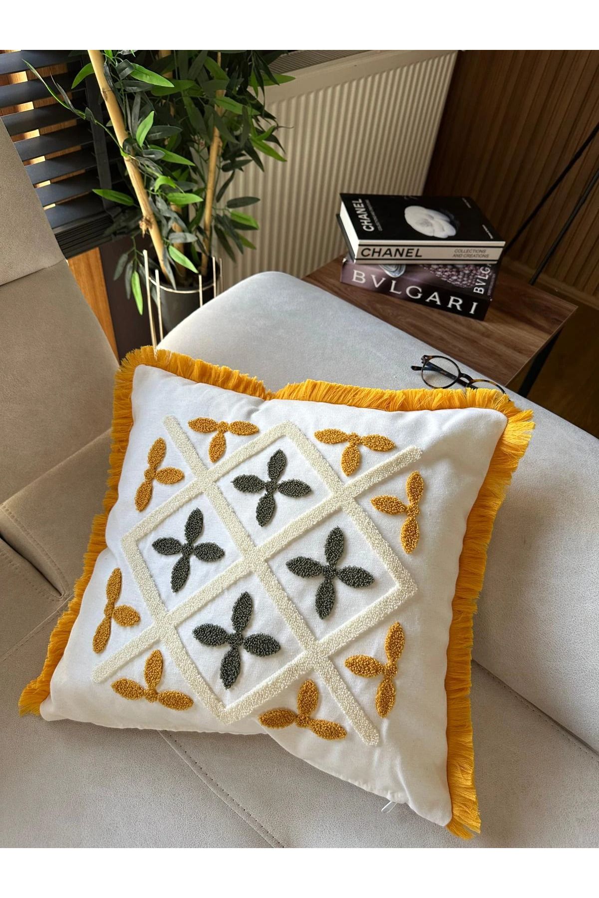 Home 2li Desenli Saçaklı Punch Kırlent Kılıfı 43x43cm - v3