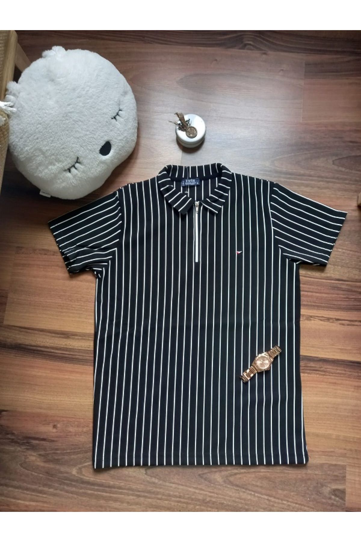 Butik ModaBySerap Polo Yaka Düz Çizgili Erkek Siyah Tişört