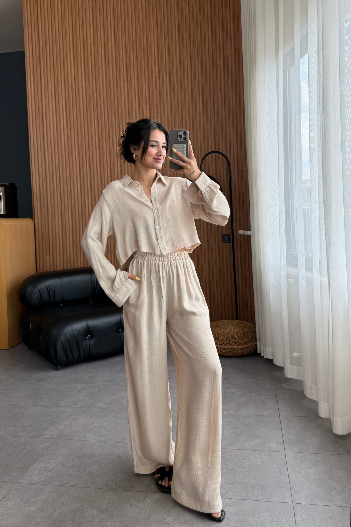 Lady Pixie Gofre Kumaş Gömlek Pantolon Takım