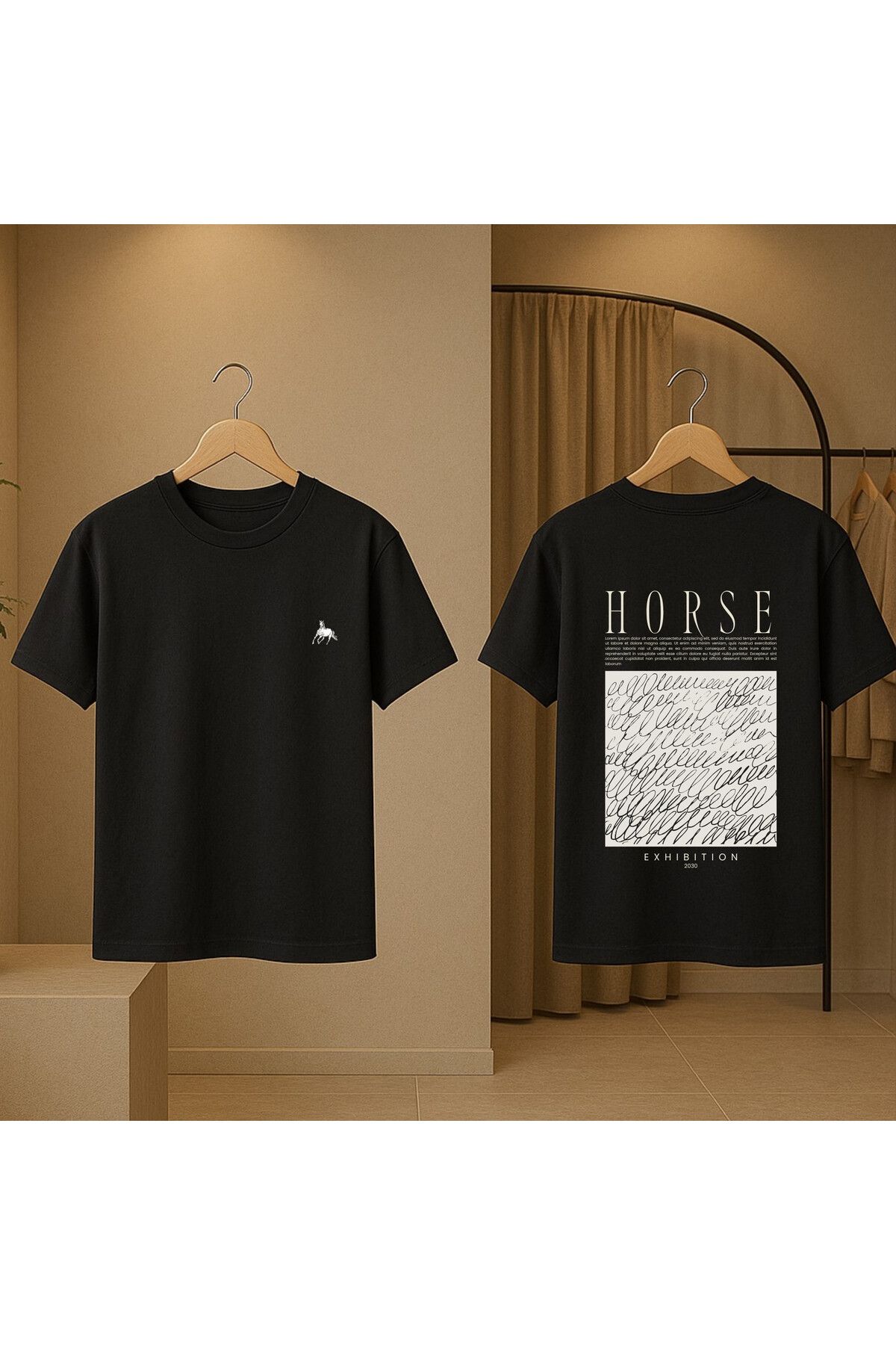Horse LİKRALI %100 PAMUK KADIN-ERKEK BİSİKLET YAKA OVERSİZE BASKILI T-SHİRT