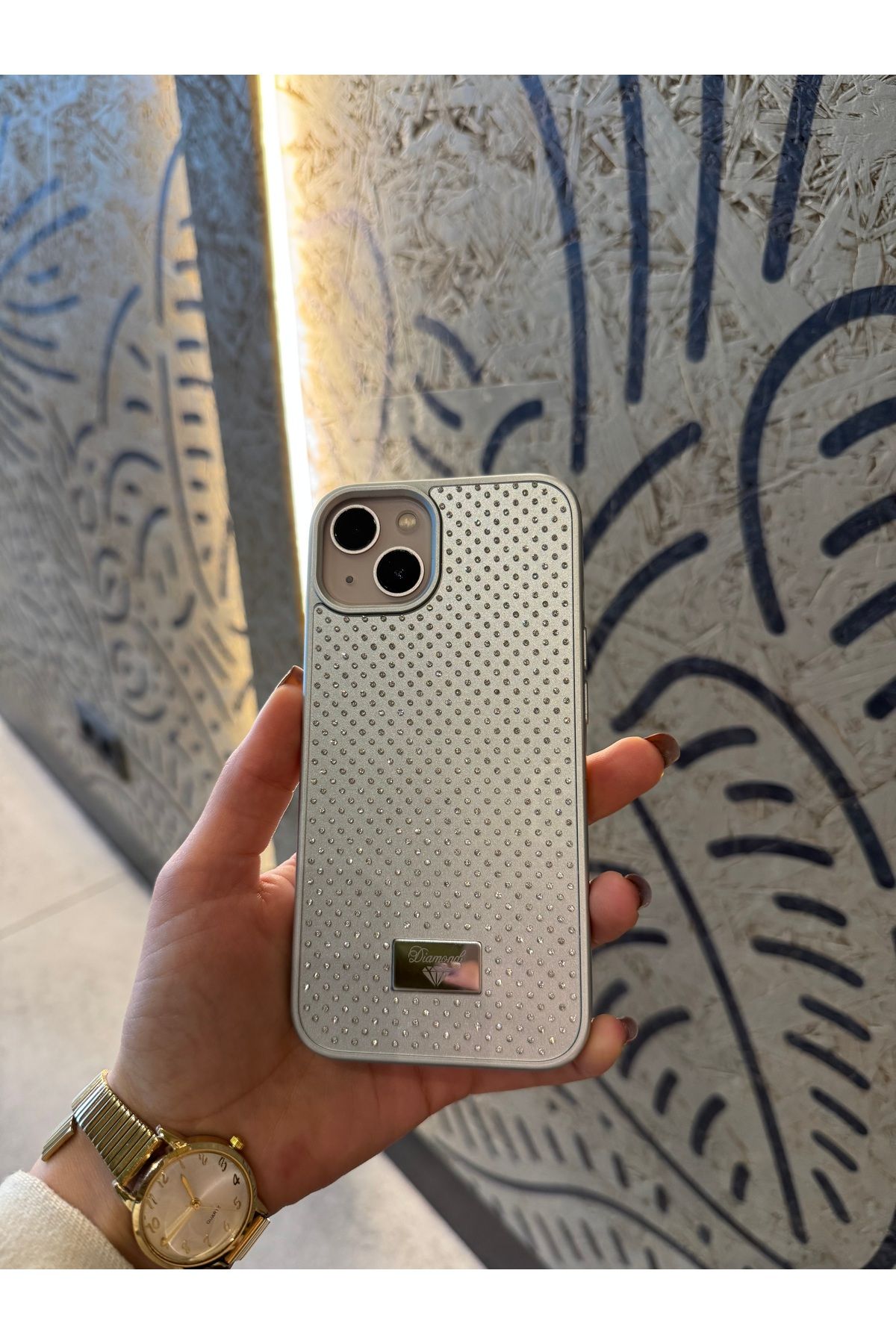 Mois Case İPhone 13-14 uyumlu elmas pırlanta taşlı gri kılıf