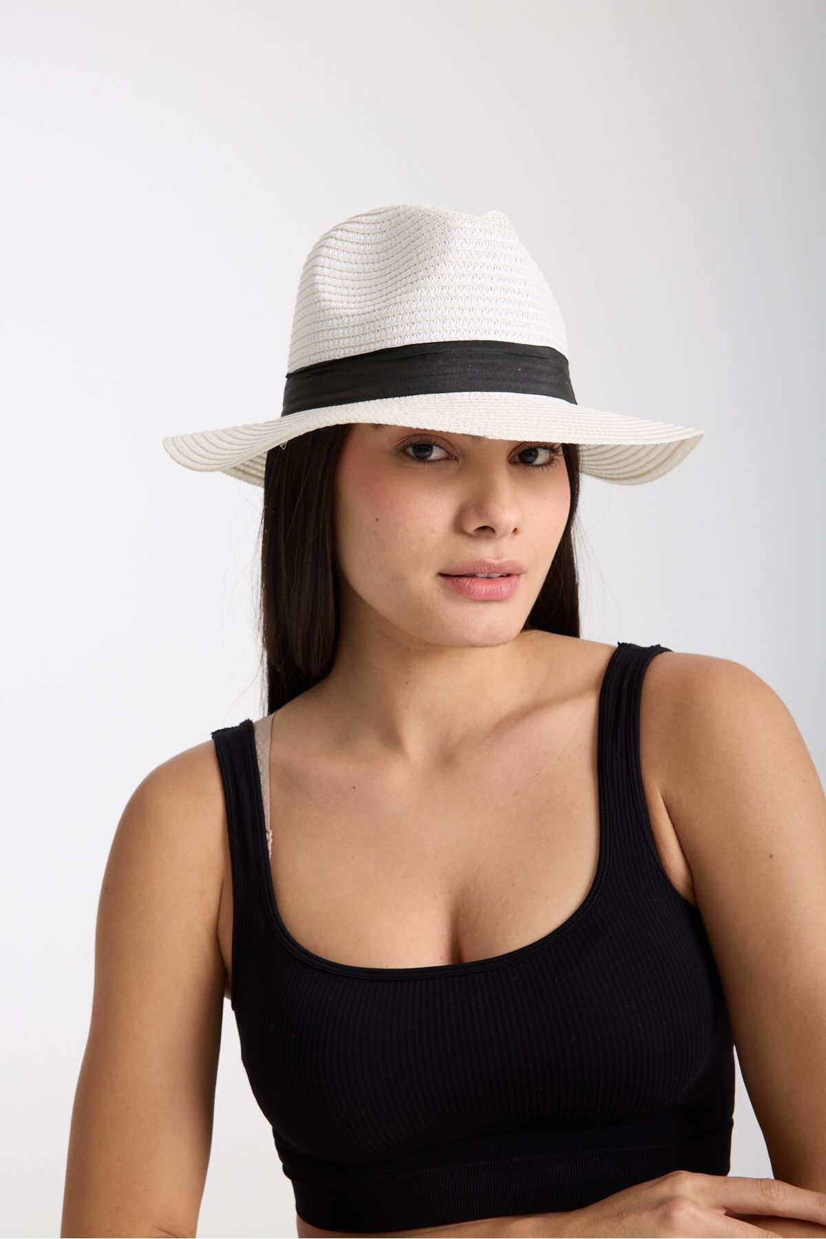 Moda Days Kadın Hasır Şapka Yazlık Geniş Kenarlı Kurdeleli Beyaz Plaj Fötr Model