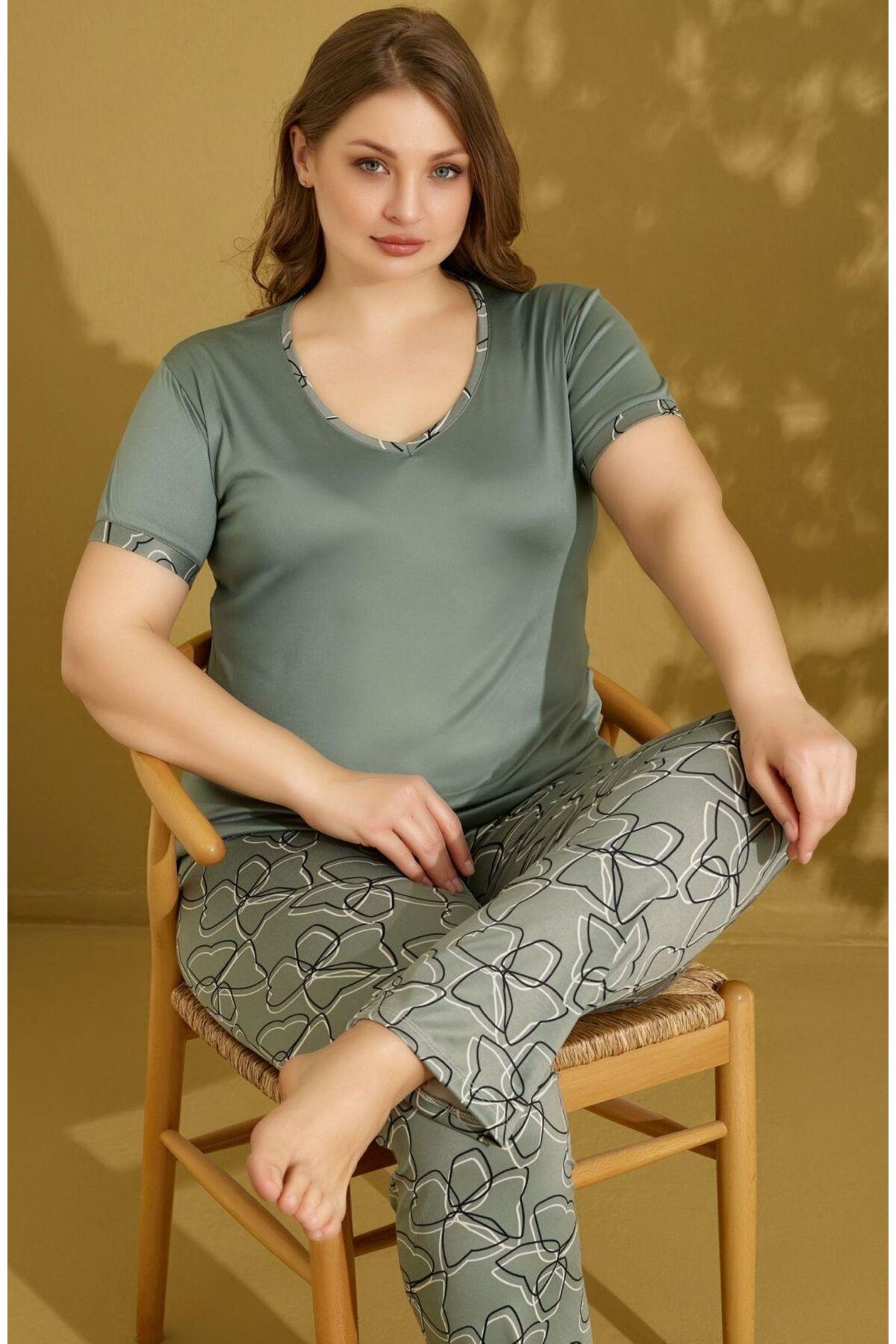 seamlife Kadın %100 Pamuklu Viskon Kumaş Haki Yeşili V Yaka Kısa Kollu Battal Pijama Takımı