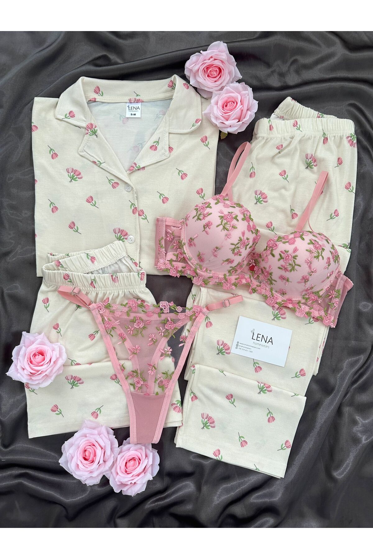 Lena Homewears Kadın Rozaline Lale Desenli 5'li İç Çamaşırlı Şort Uzun Paça Kısa Kollu Pijama Takımı