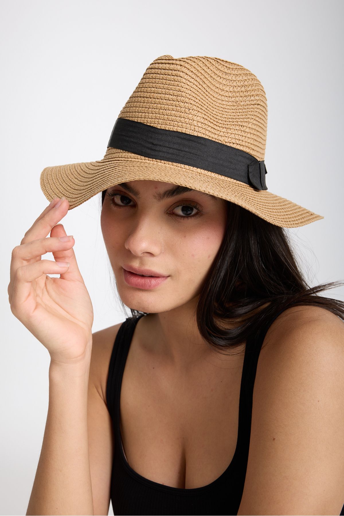 Moda Days Kadın Hasır Şapka Yazlık Geniş Kenarlı Kurdeleli Camel Plaj Fötr Model