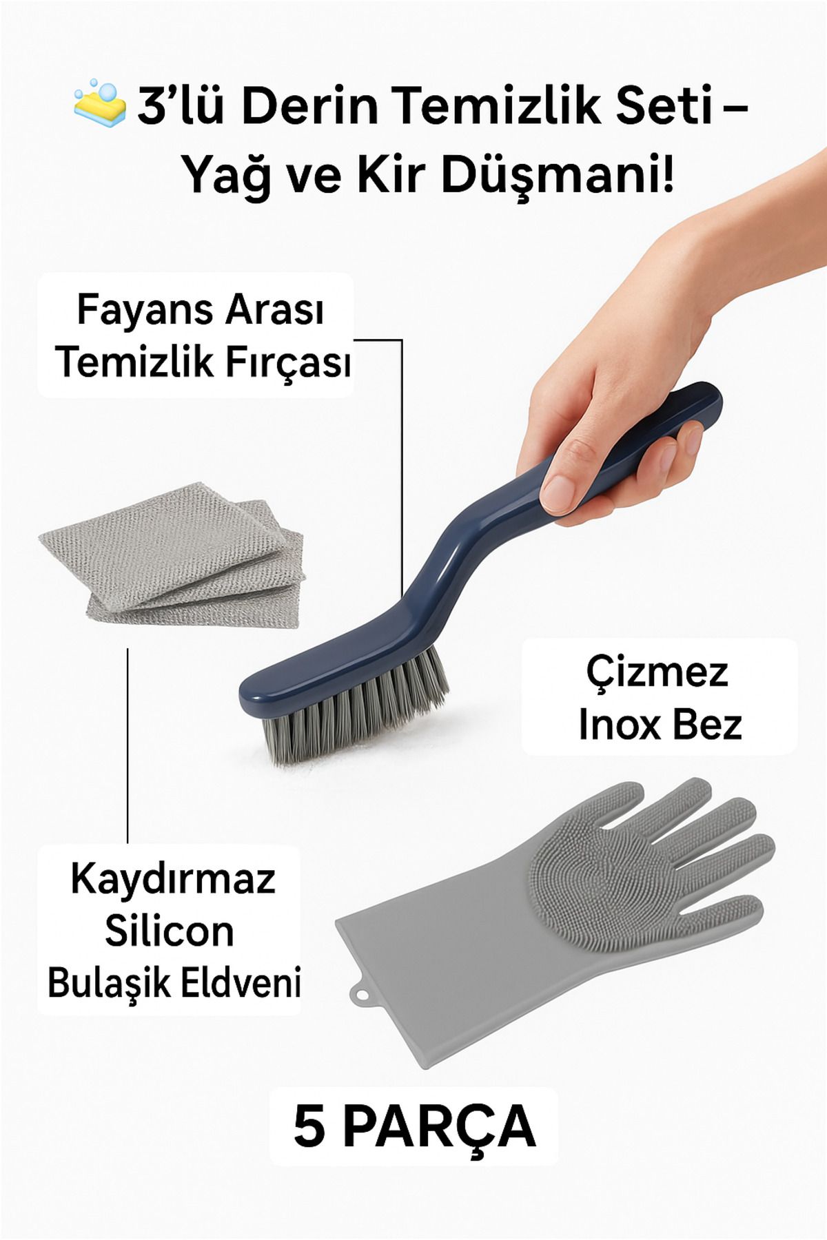 UGA İthalat 3’lü Ultra Temizlik Seti – Cımbızlı Fırça + Inox Bez + Silikon Eldiven | Yağ, Kir ve Derz Canavarı
