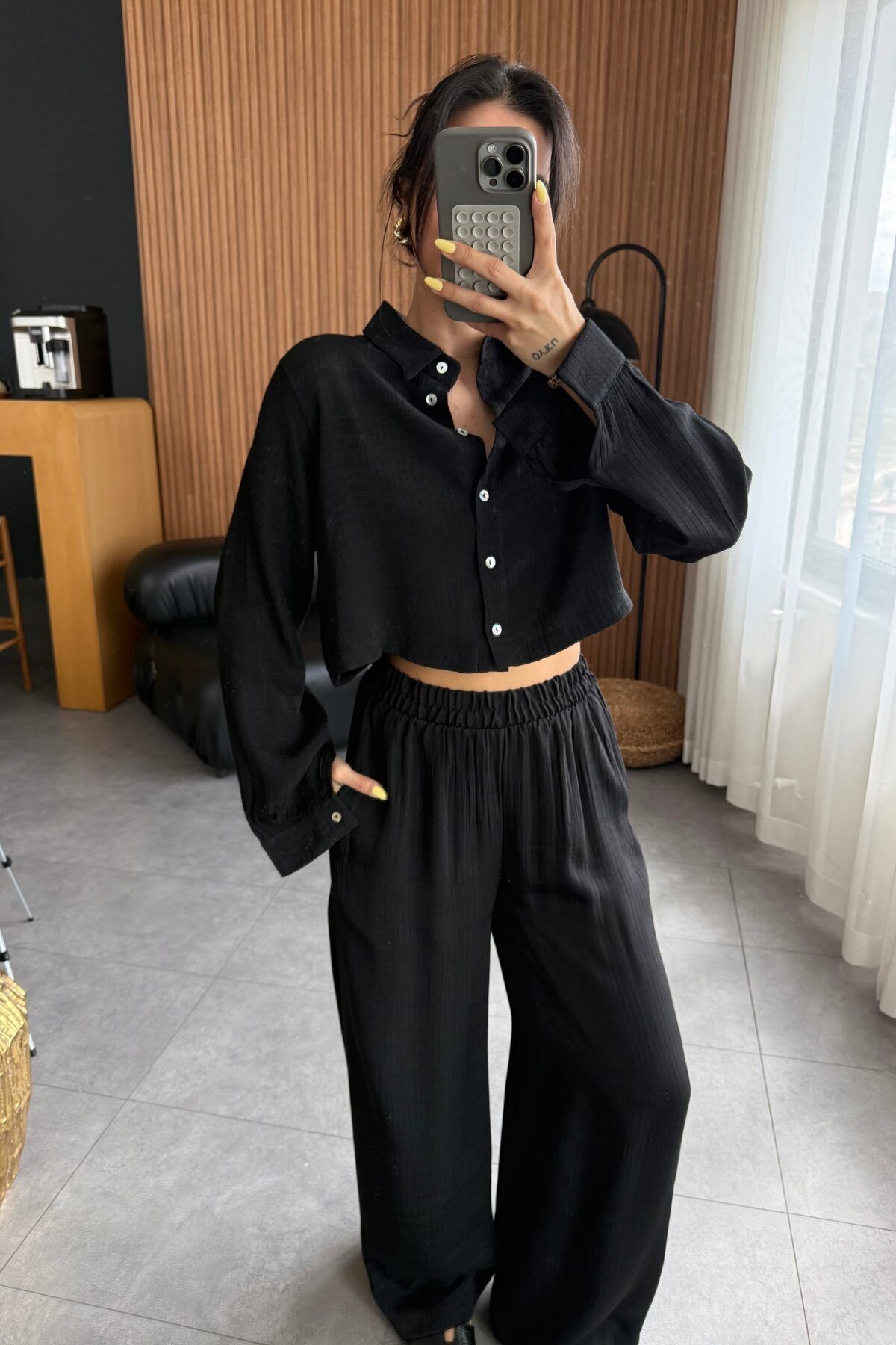Lady Pixie Gofre Kumaş Gömlek Pantolon Takım