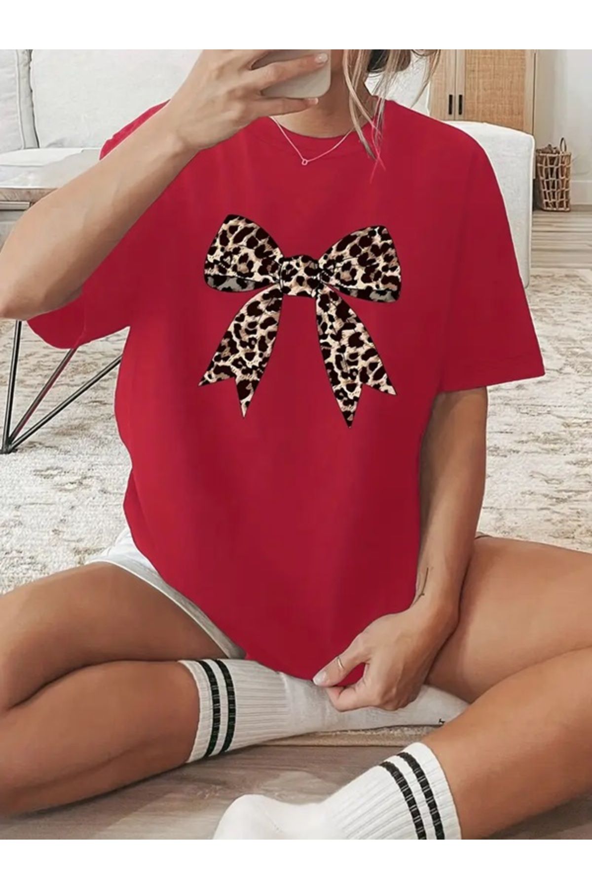 EXPECTED Kadın Leopar Kurdele Oversize Pamuklu Şık T-shirt
