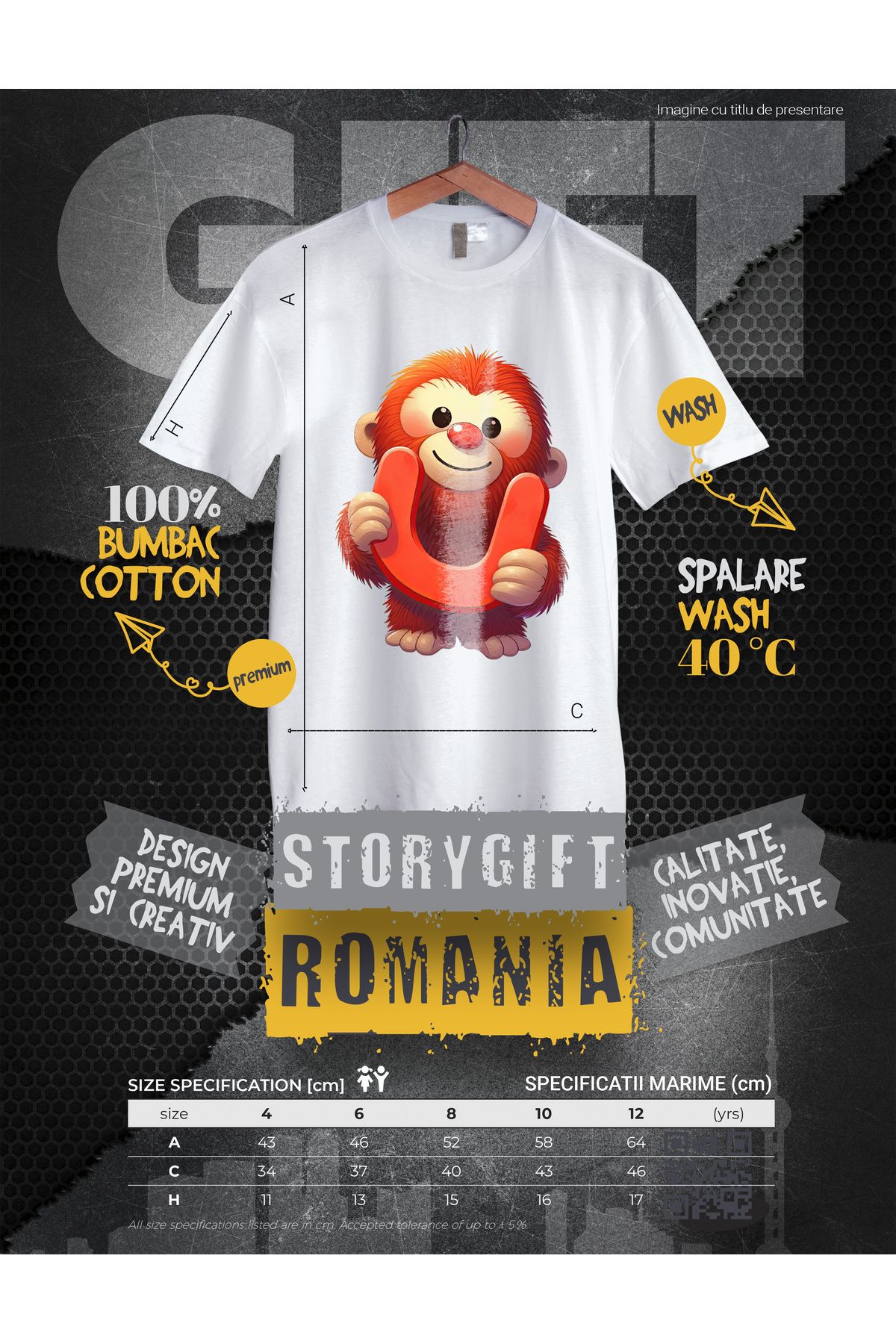 StoryGift Romania-Children's T-shirt with an orangutan with the letter "U", illustration, for children, school, student, alphabet 3