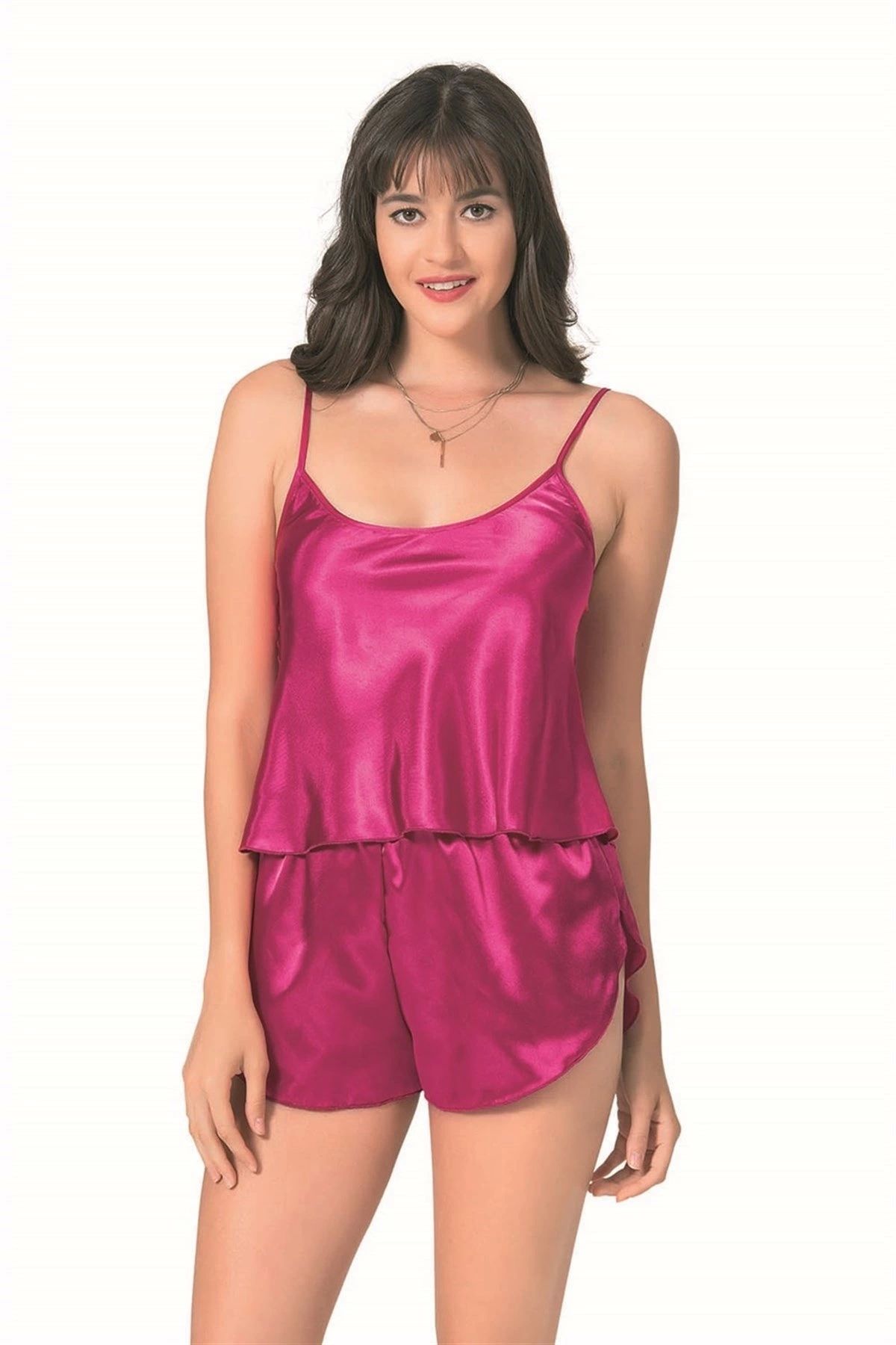 GiyimCity Vişne Saten Babydoll Şort Takımı