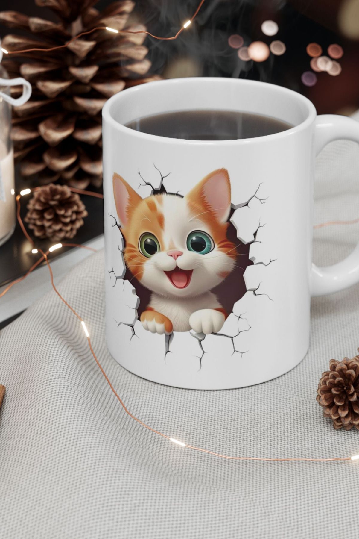GİZ HANIM KEDİLİ 3 BOYUTLU SEVİMLİ ÖZEL TASARIM PORSELEN KUPA BARDAK KAHVE BARDAĞI
