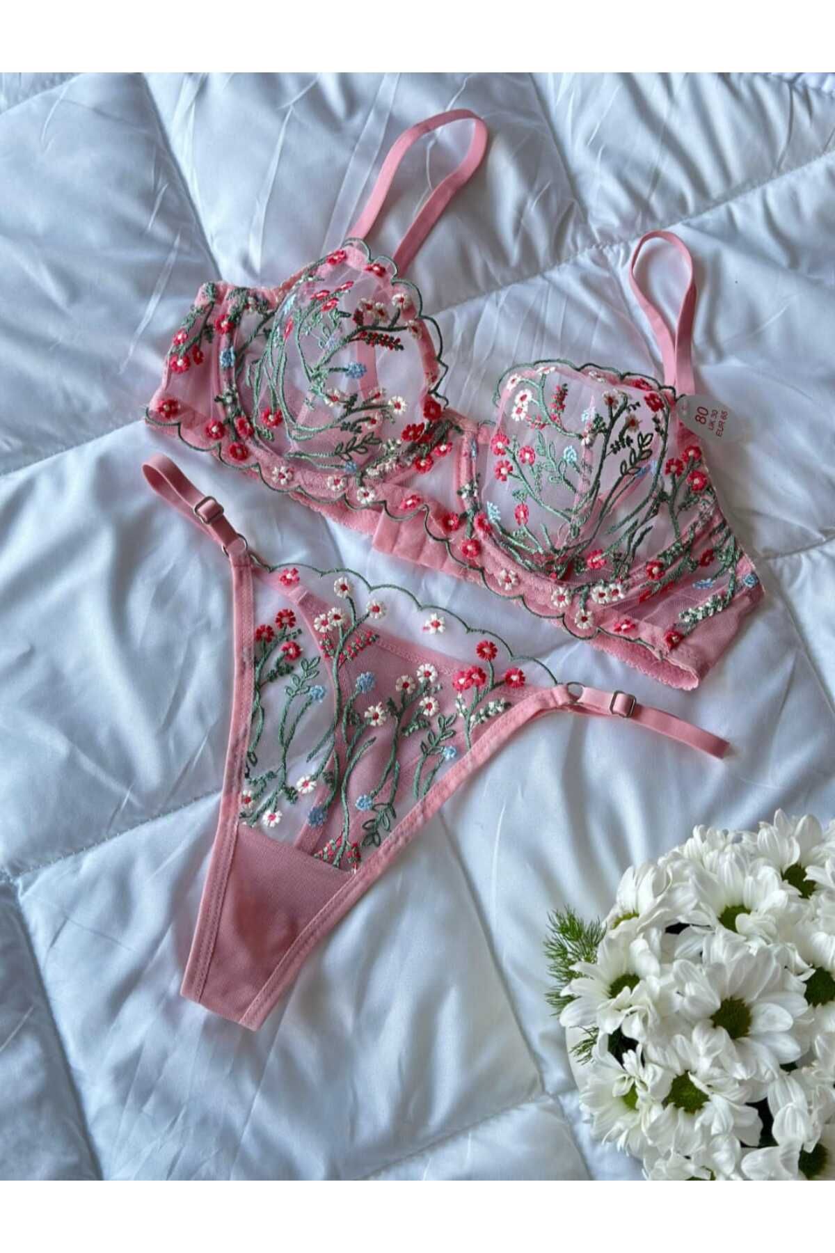 ARONA Çiçekli Brode Sütyen Takım Pembe Desteksiz Fantezi Sütyen Takım