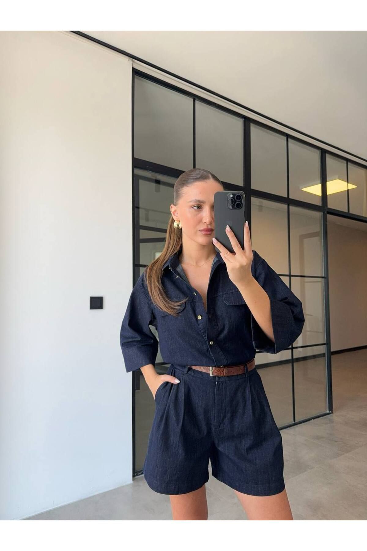 Lady Pixie DERİ KEMERLİ ŞORT GÖMLEK DENİM TAKIM