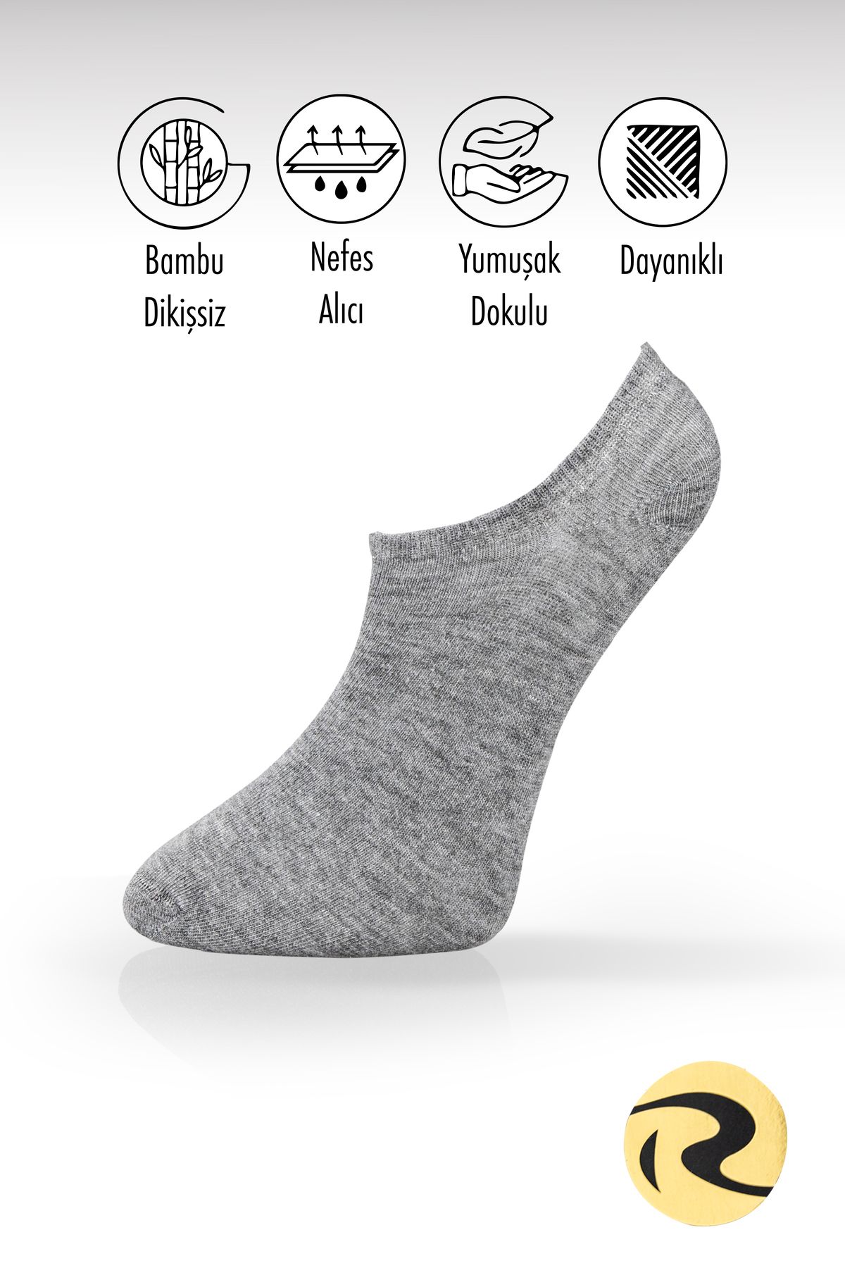 Roff Bambu Erkek Patik Düz Gri Çorap Dikişsiz Premium Tekli