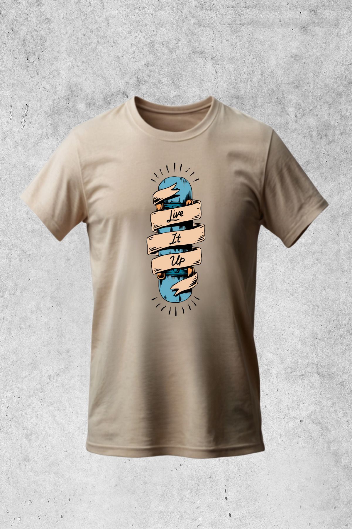 MOLICO Basic Unisex sıfır yaka kısa kolllu LIVE IT UP BASKILI tshirt