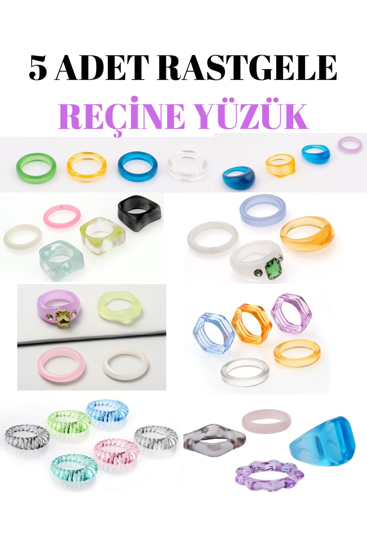 Ervalina 5 ADET RASTGELE TREND RENKLİ REÇİNE PLASTİK YÜZÜK
