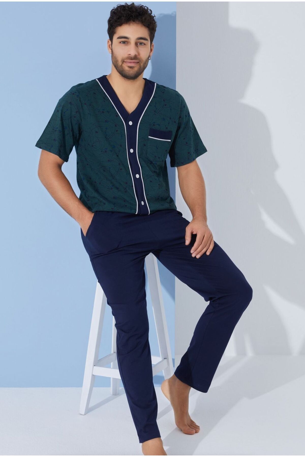 seamlife Erkek %100 Pamuklu Yeşil Lacivert Boydan Düğmeli V Yaka Kısa Kollu Pijama Takımı