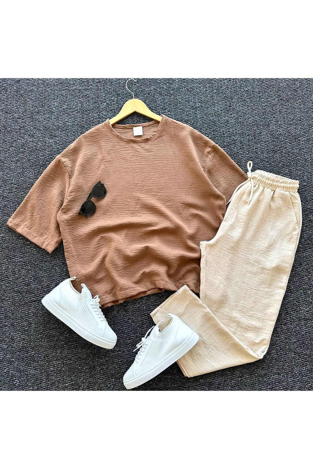 tetramoda Bisiklet Yaka Yarım Kol Oversize Kısa Kol T-shirt Pantolon Takım