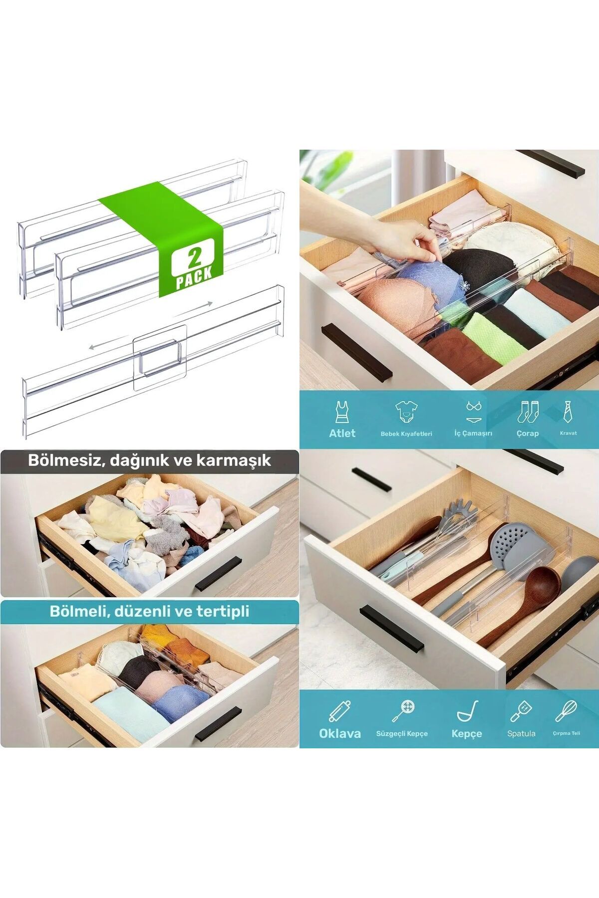 ŞURAMUTFAK Akrilik Ayarlanabilir Çekmece Bölücü Düzenleyici Organizer 2 Adet