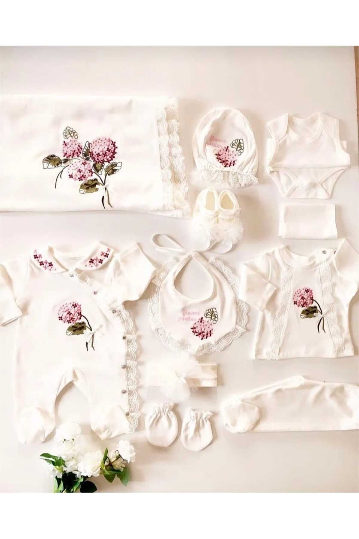 Butik Otantik Çiçek Nakışlı 10'lu Hastane Çıkış Seti Yeni Doğan Takımı
