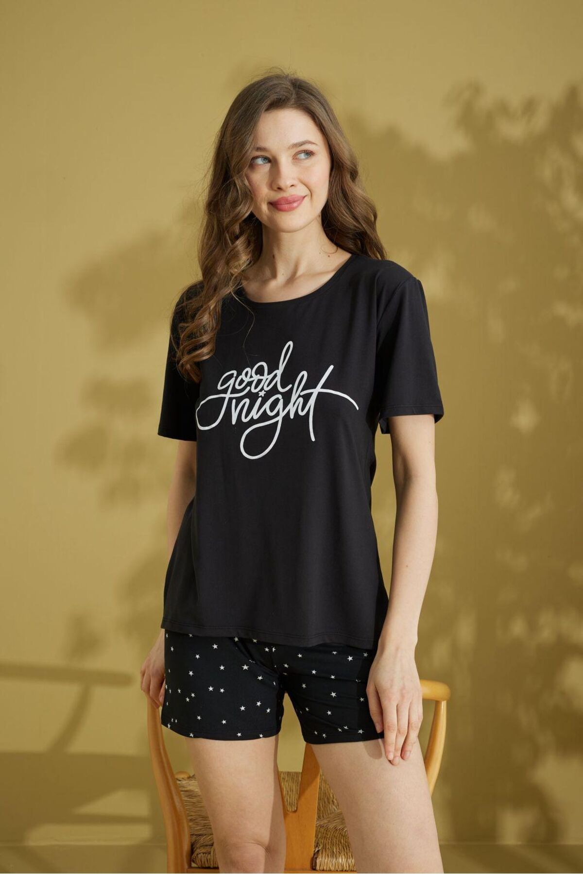 seamlife Kadın %100 Pamuklu Lacivert Good Night Yazılı Yıldız Desenli Kısa Kollu Şortlu Pijama Takımı