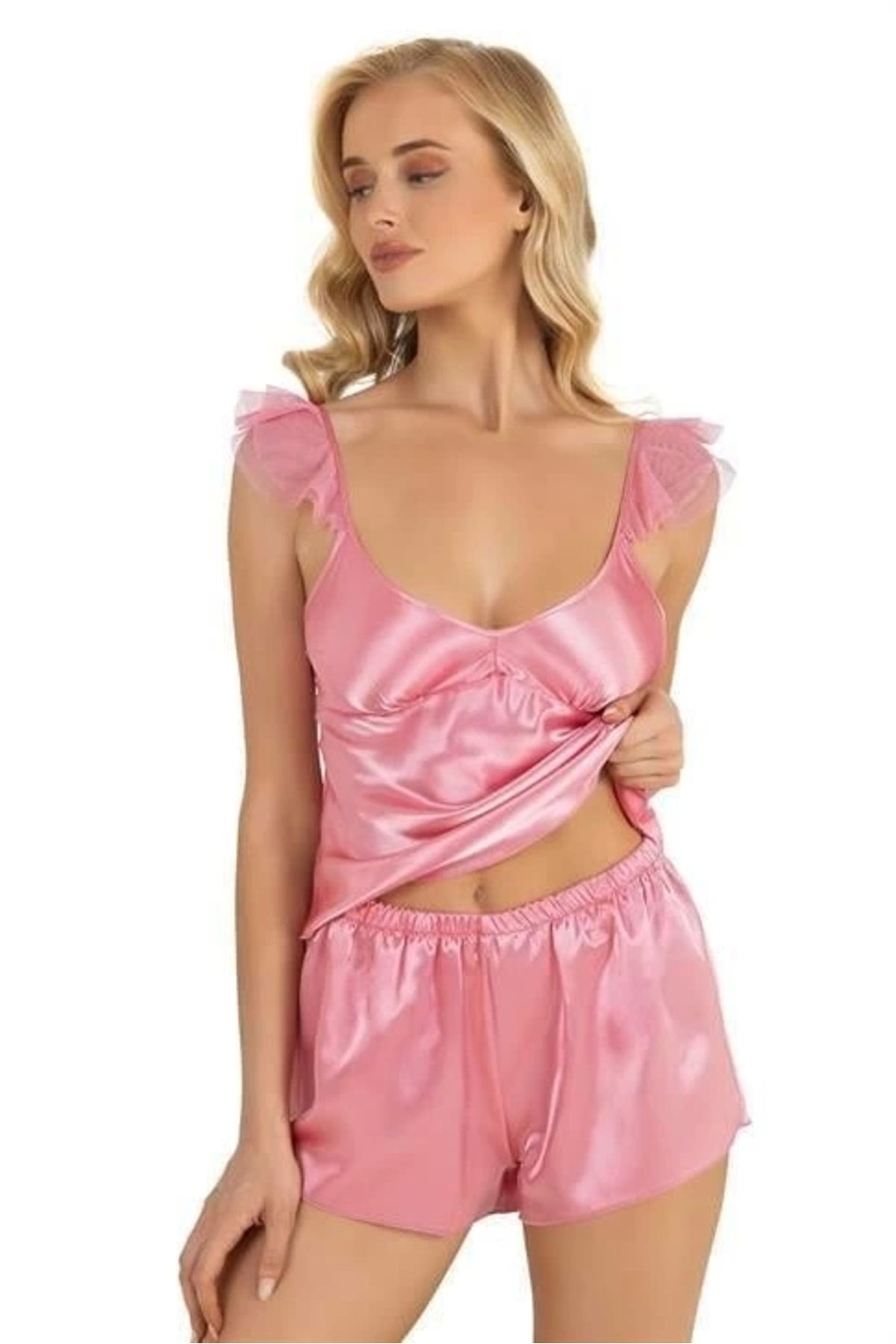GiyimCity Pembe Saten Şort Takımı 9212