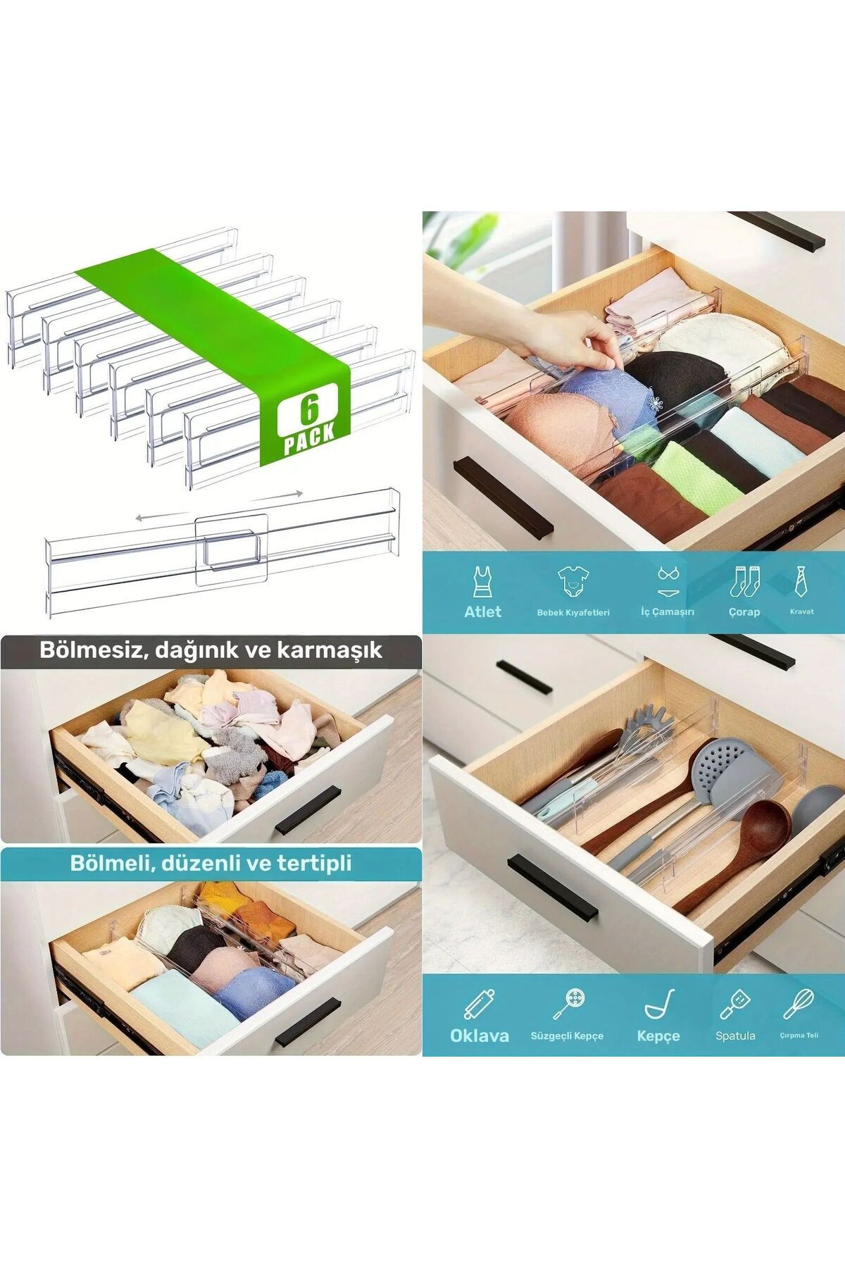 ŞURAMUTFAK Akrilik Ayarlanabilir Çekmece Bölücü Düzenleyici Organizer 6 Adet