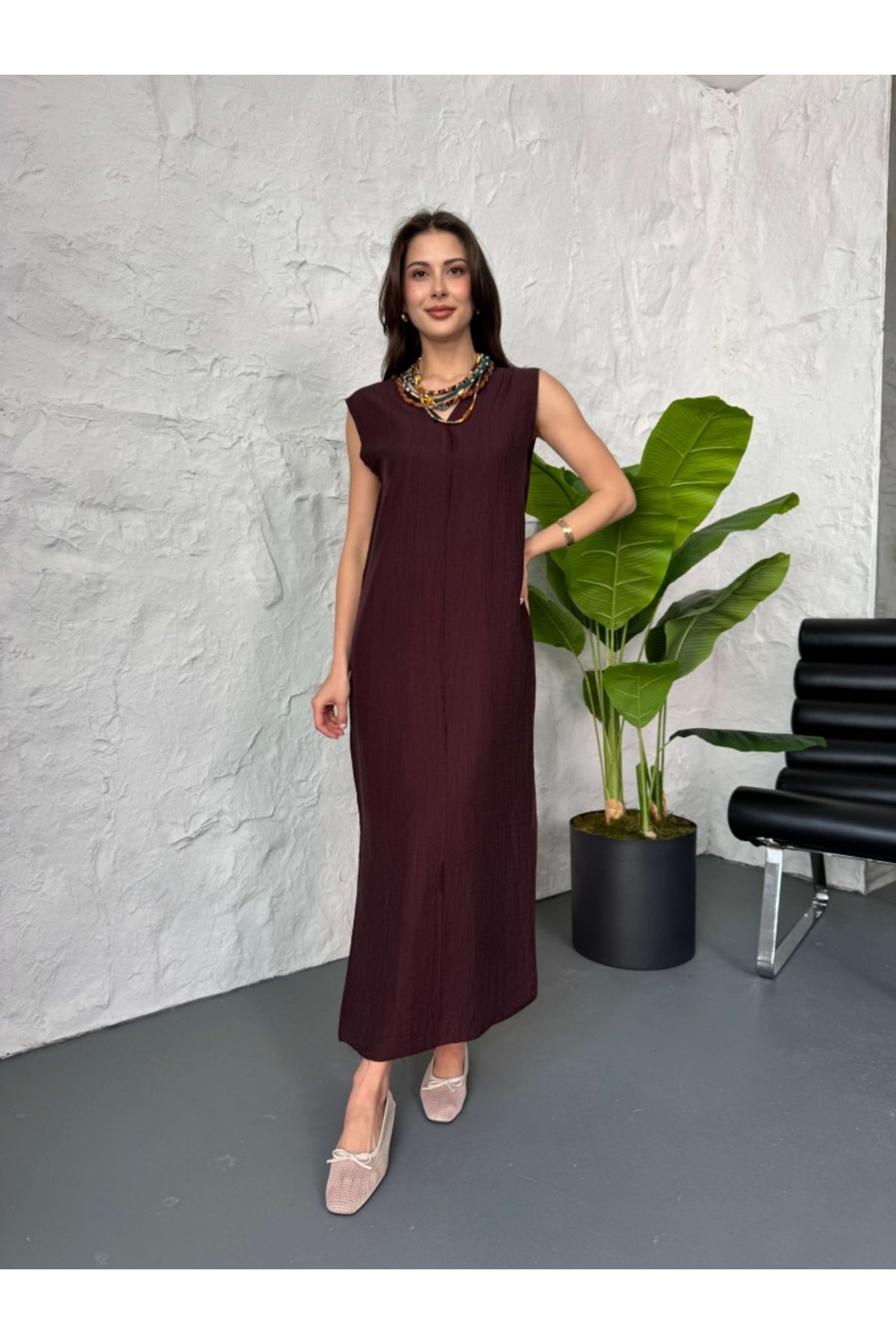 Elif Özbey Butik Bordo Dikiş Detaylı Elbise