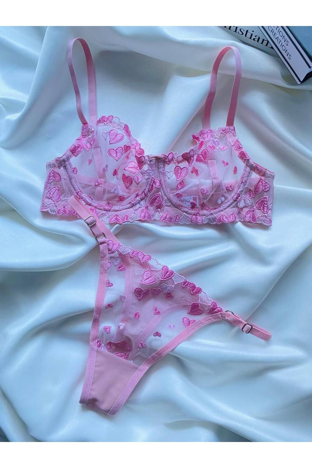 NERA BUTİK Pink Heart Mesh – Kalp Desenli Dantelli İç Giyim