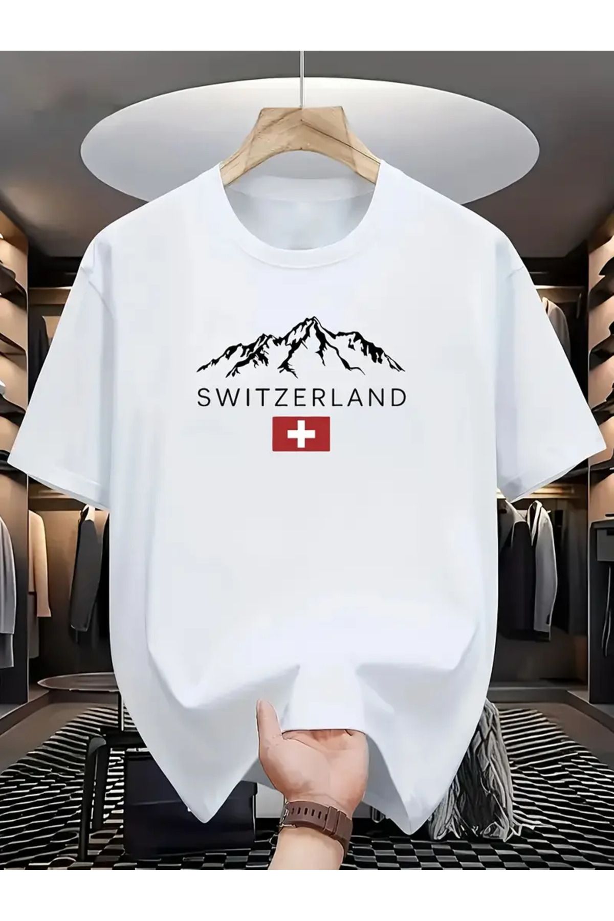 AEMİ Unisex Switzerland Baskılı Oversize Bisiklet Yaka T-shirt
