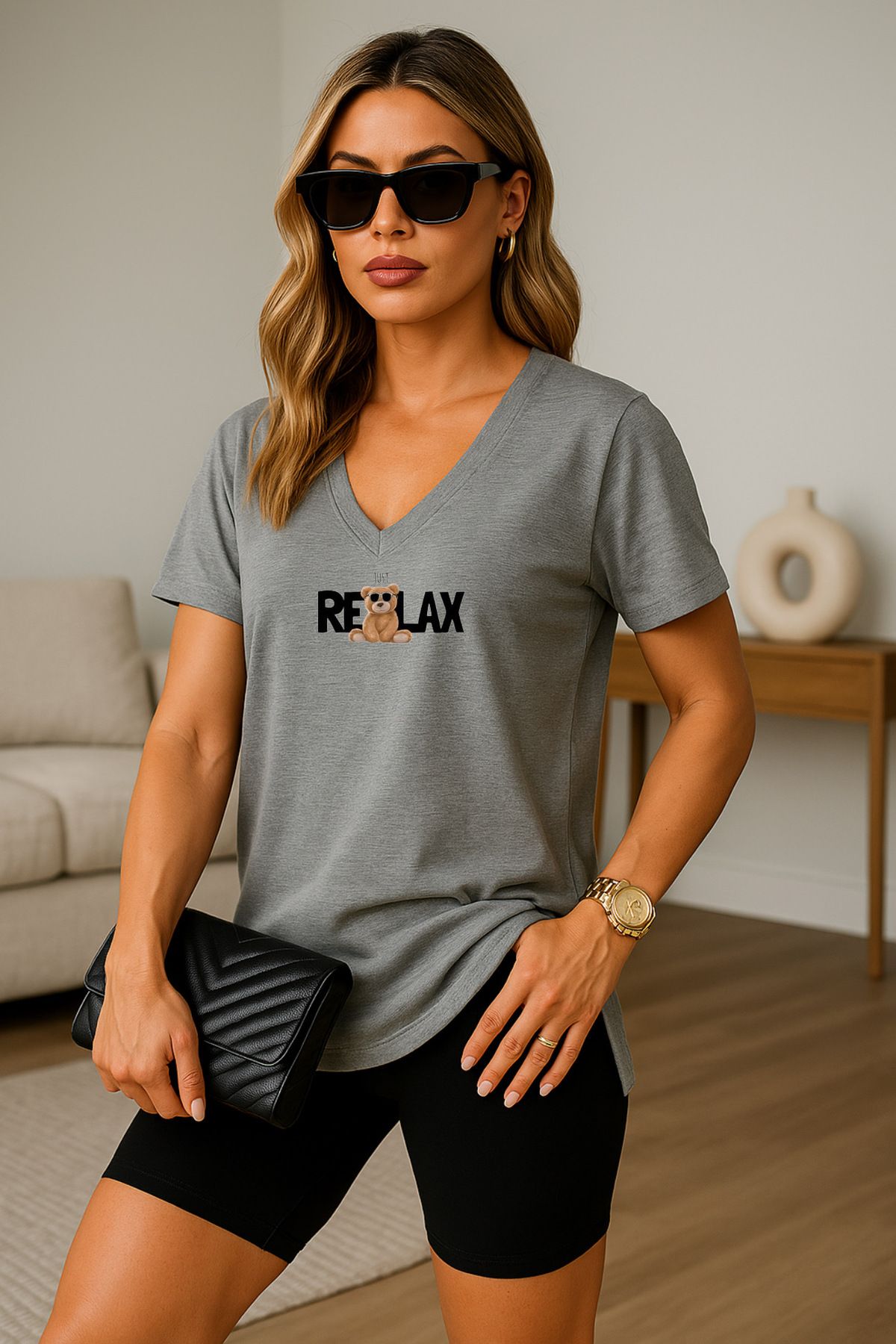 Minikelya GRİ V YAKA OVERSİZE YIRTMAÇLI TİŞÖRT VE TOPARLAYICI PUSH-UP TAYT 2Lİ TAKIM