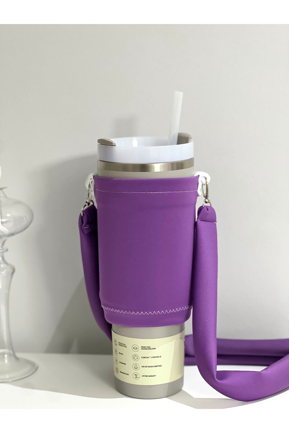 Stanley Quencher Pipetli 1.18 Lt Termos için Omuz Askılı Kilif Çanta Ve Mor Omuz Askisi Aksesuar