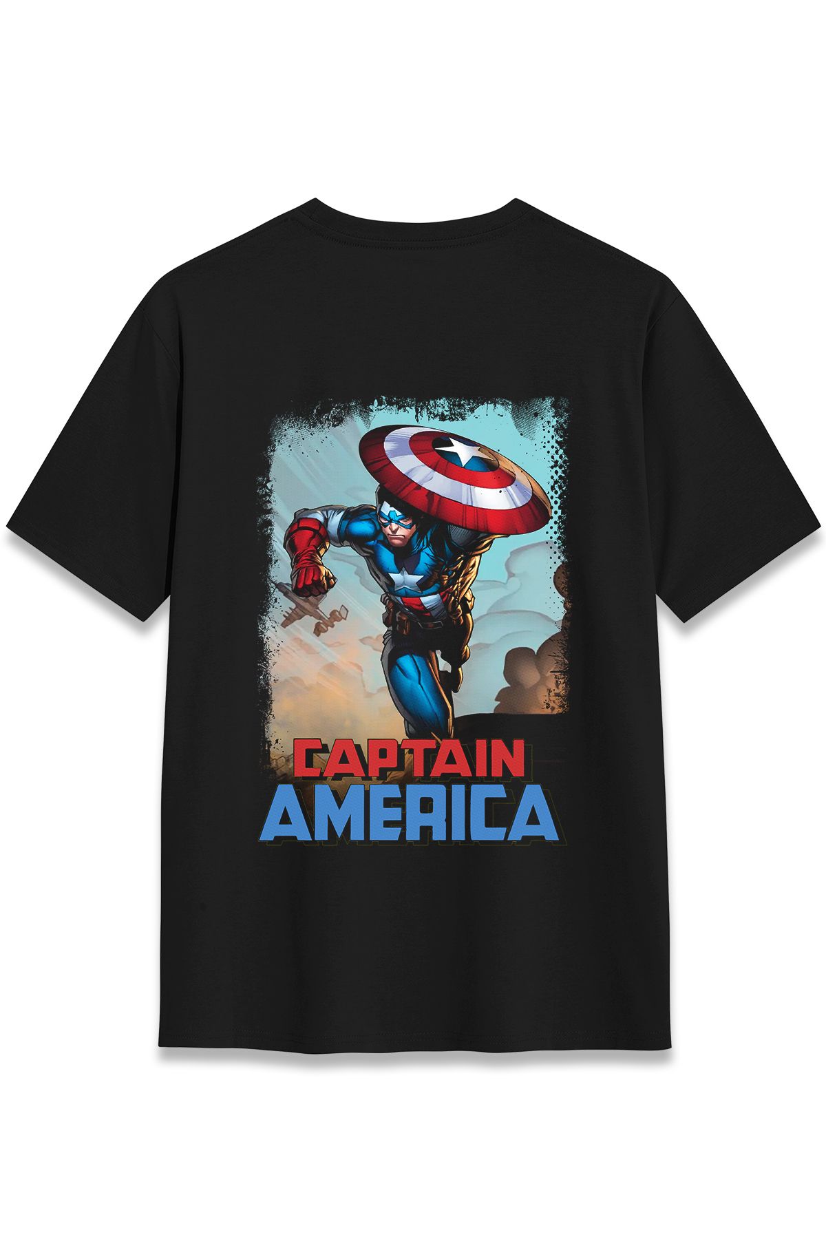 EZG Business CAPTAIN AMERICA Model Sırt Baskılı T-Shirt Unisex %100 Pamuk Cotton Rahat Regular Halftone Tişört
