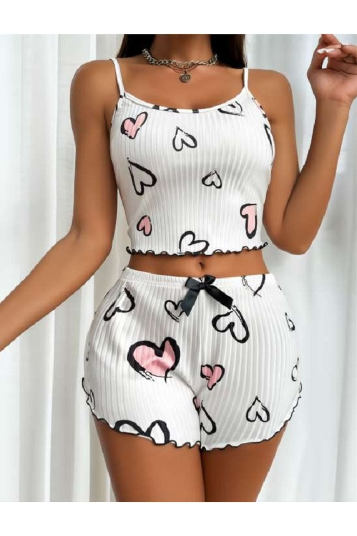 Bleu Petite Desenli Örme Kadın Şortlu Pijama Takım