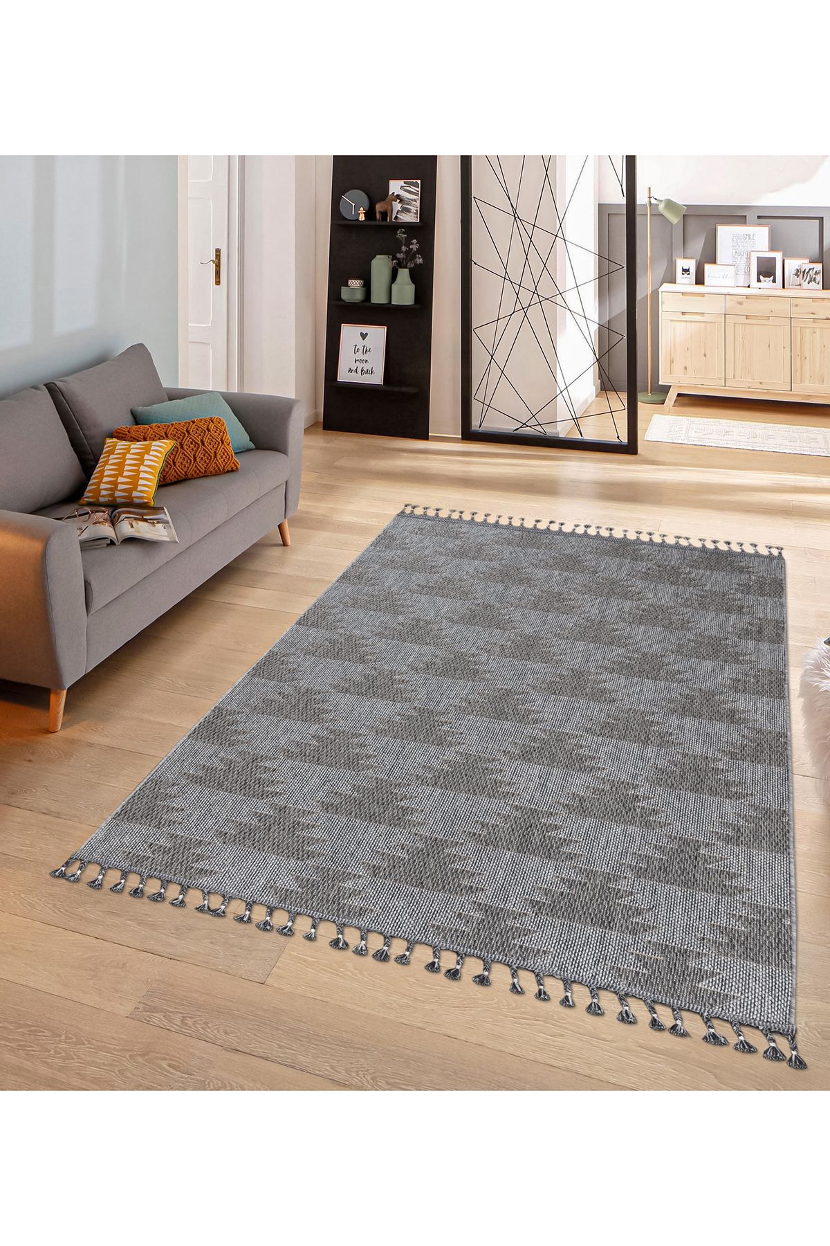 ERSU AHAT HOME DESİGN EA Gri Etnik Desenli Kaymaz Taban Makinede Yıkanabilir Salon, Oturma Odası, Mutfak Halısı
