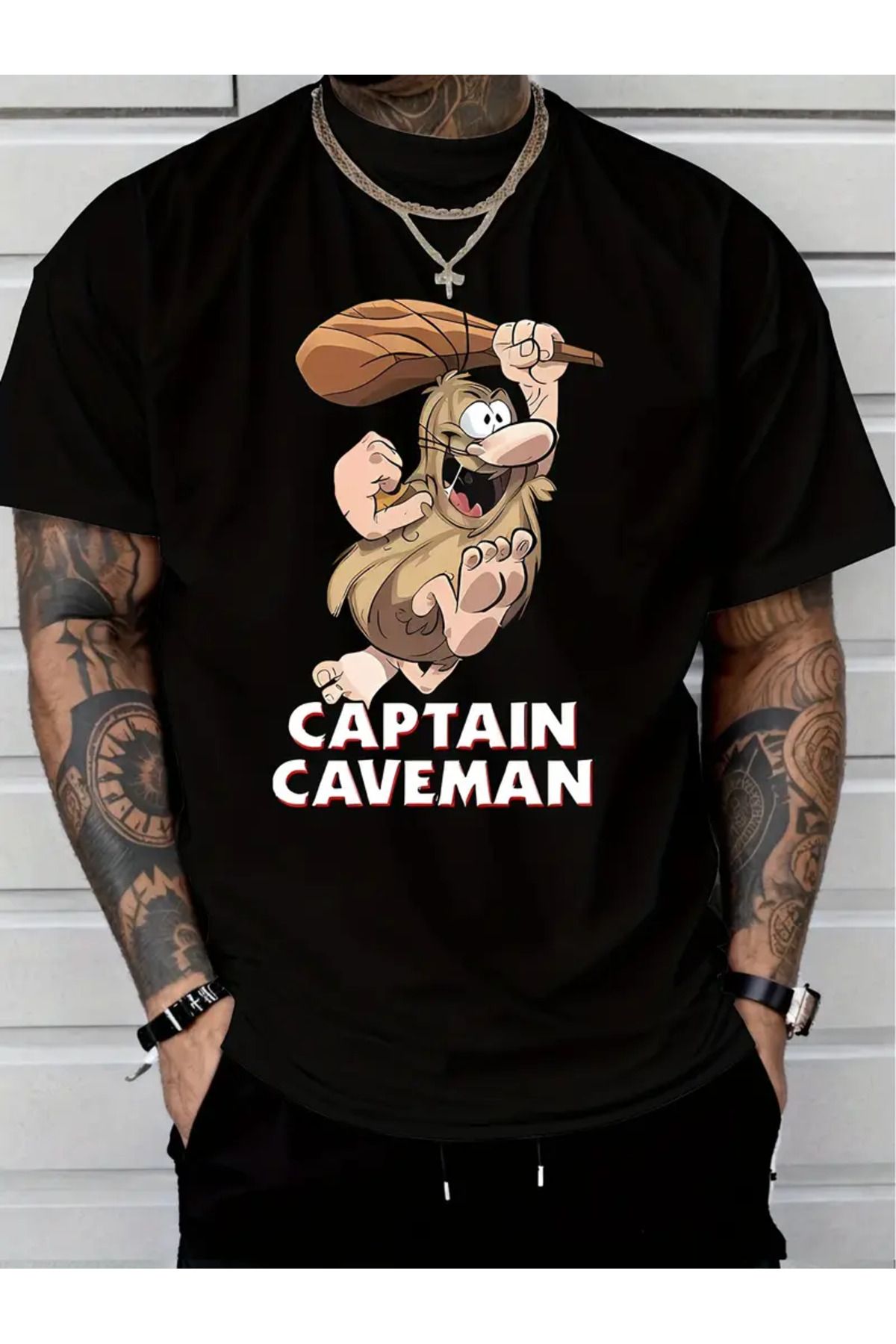 AEMİ Unisex Captain Caveman Baskılı Oversize Bisiklet Yaka T-shirt