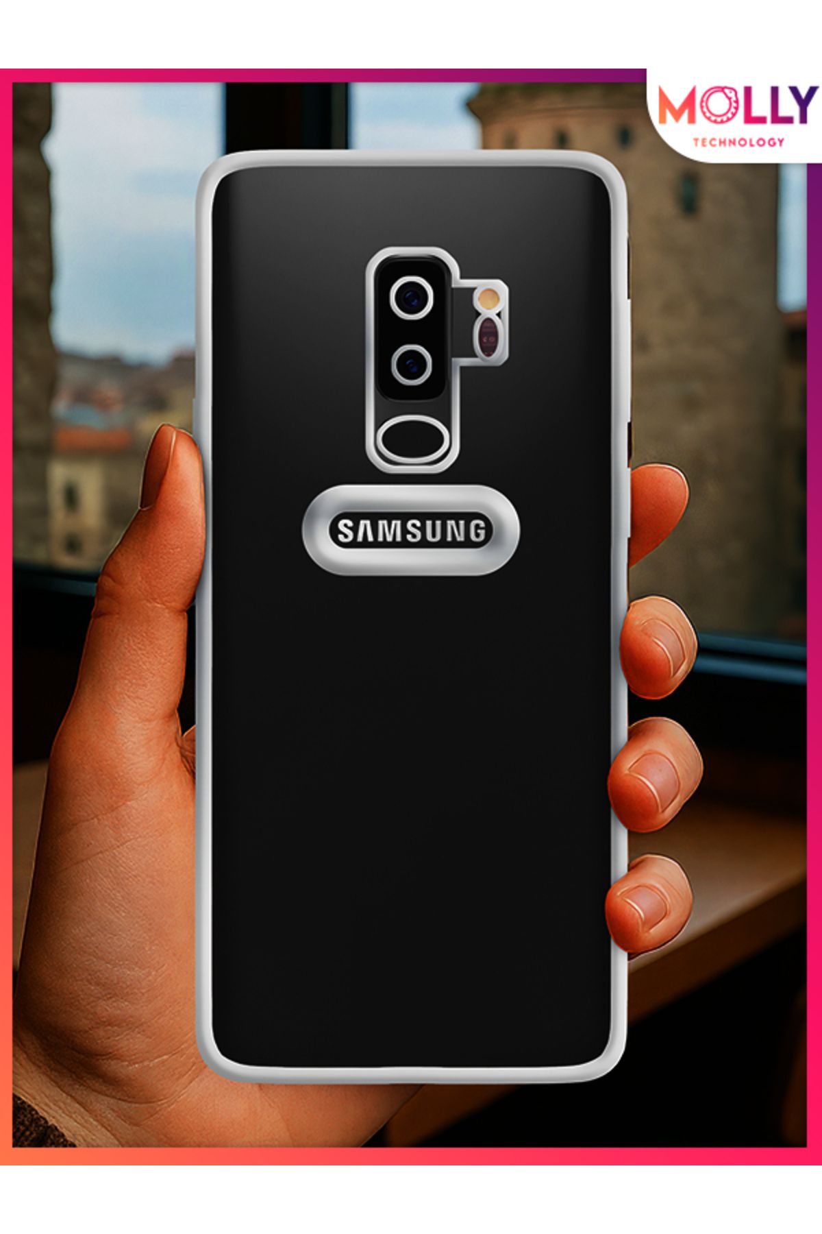 Molly Samsung Galaxy S9 PLUS İçin Kenarları Gümüş Lens Koruyuculu Lou Lazer Şeffaf Silikon Kılıf